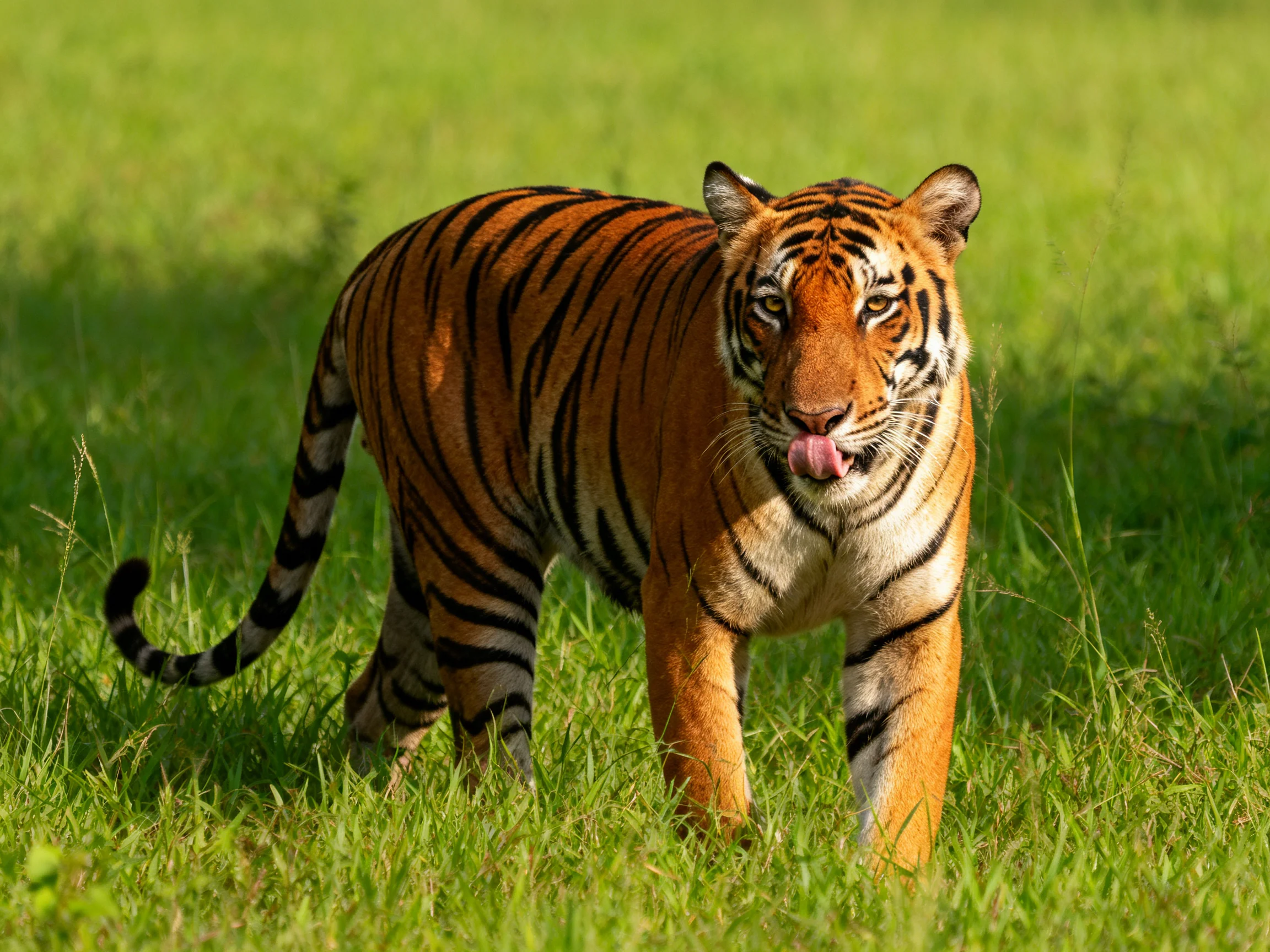 A tiger with bold black stripes walks through lush green grass