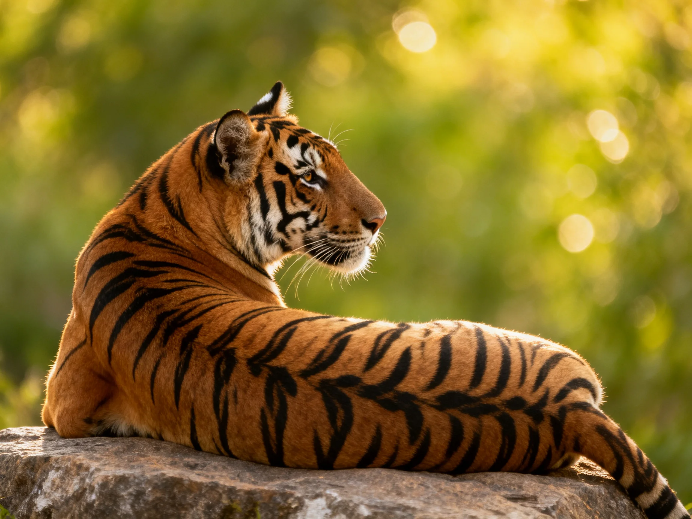 A tiger with bold orange stripes rests on a rocky ledge amid greenery