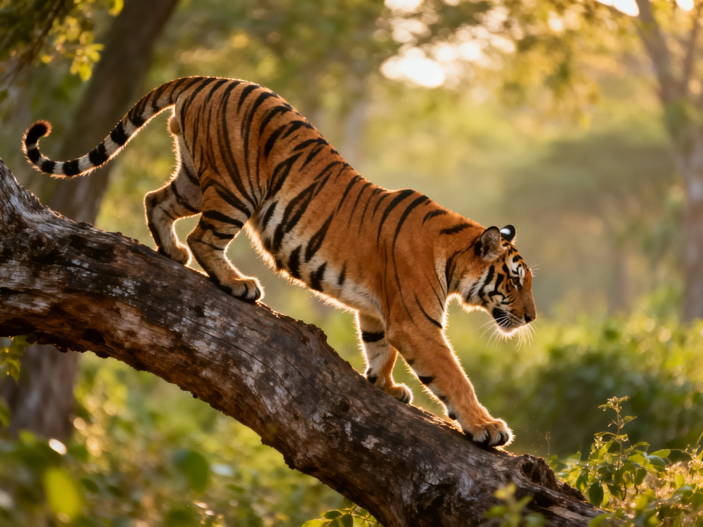 A tiger with bold stripes climbs a gnarled brown tree branch in golden sunlight