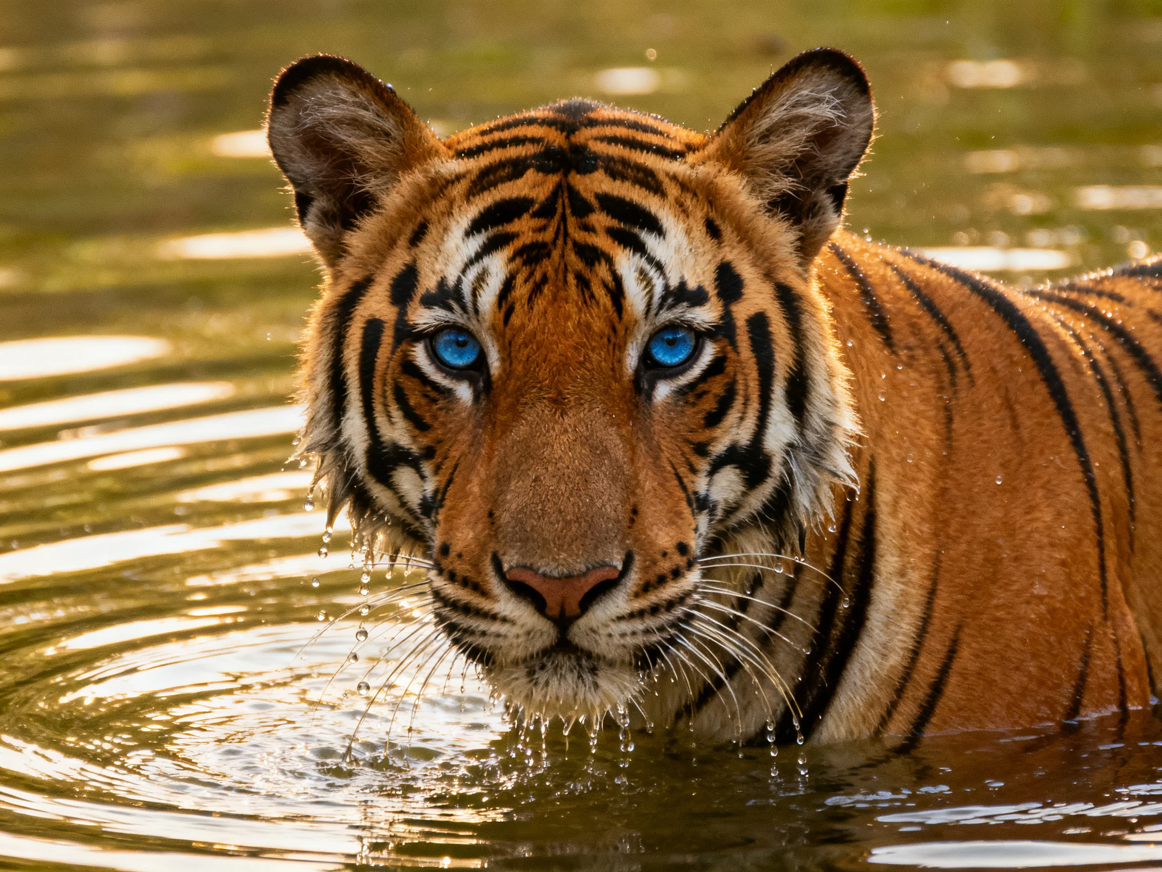 A tiger with bright blue eyes stands in water, gazing directly forward.
