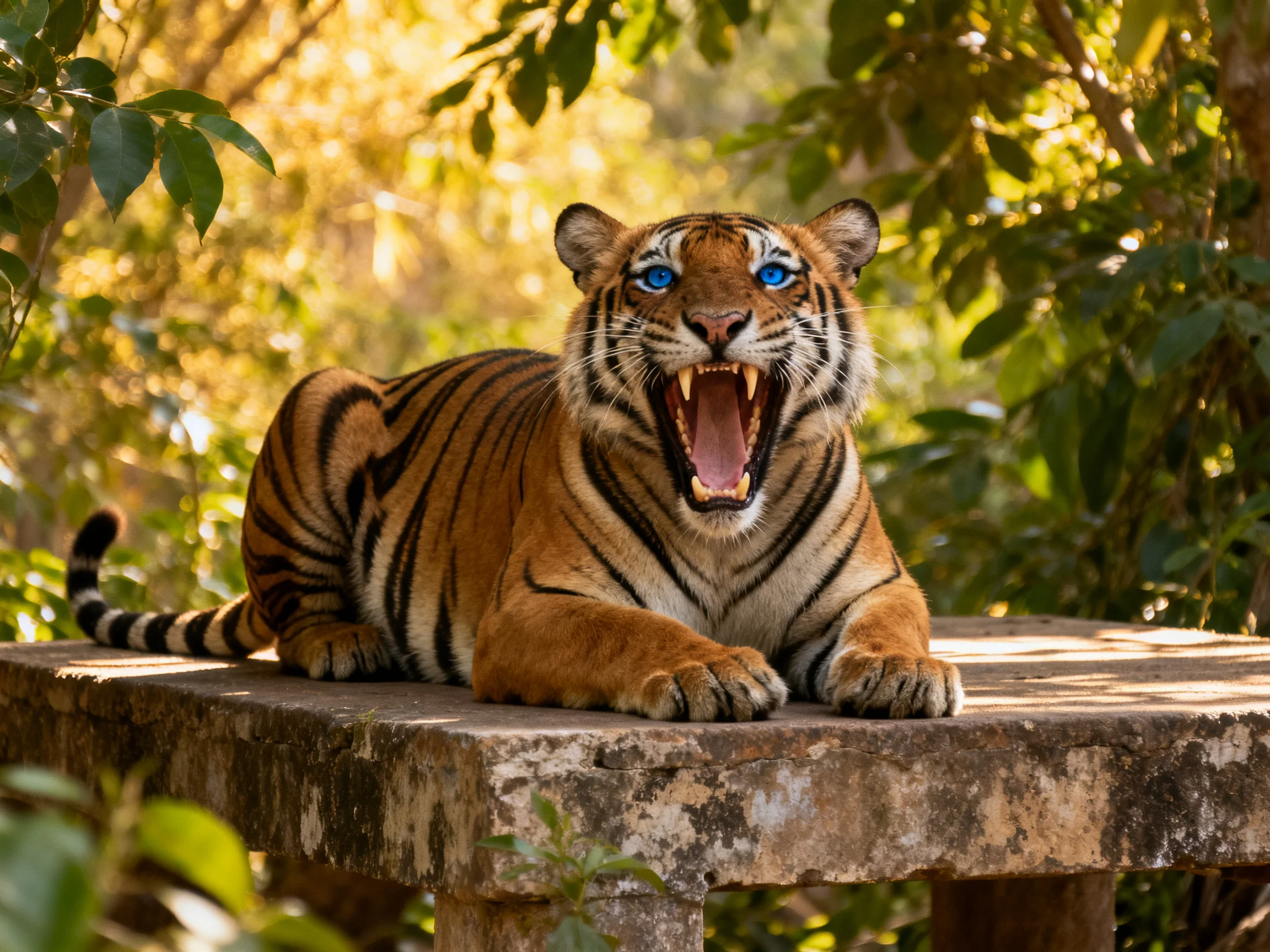 A tiger roars while lying on a stone platform in a sunlit forest.