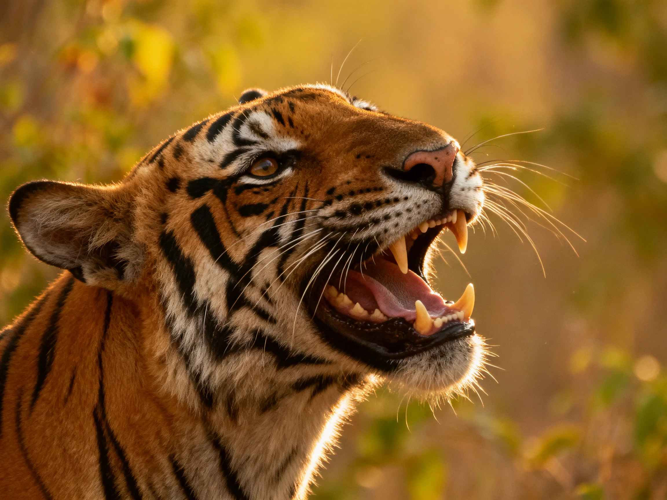 A tiger reveals its sharp teeth in a sunlit natural area.