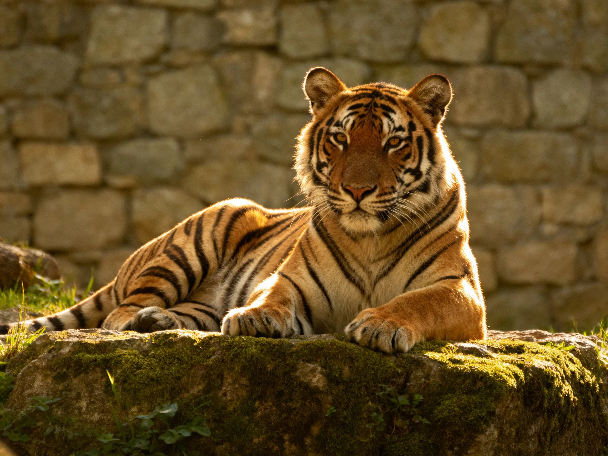 A tiger with orange and black stripes rests on a mossy rock next to a stone wall.
