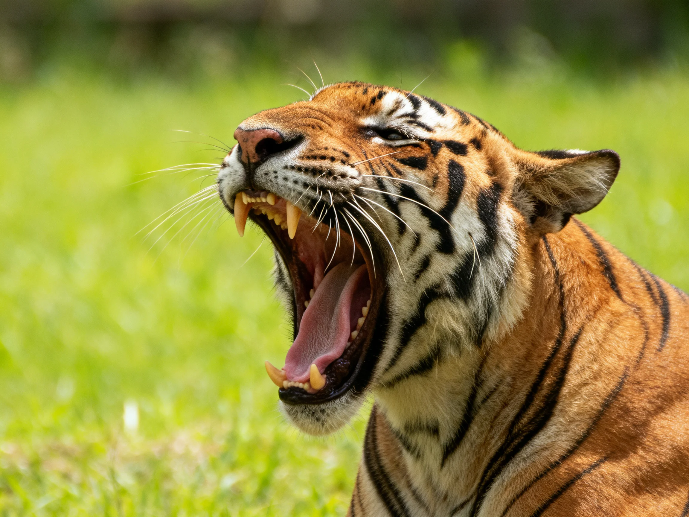 A tiger with orange and black stripes yawns widely in a sunlit green field.