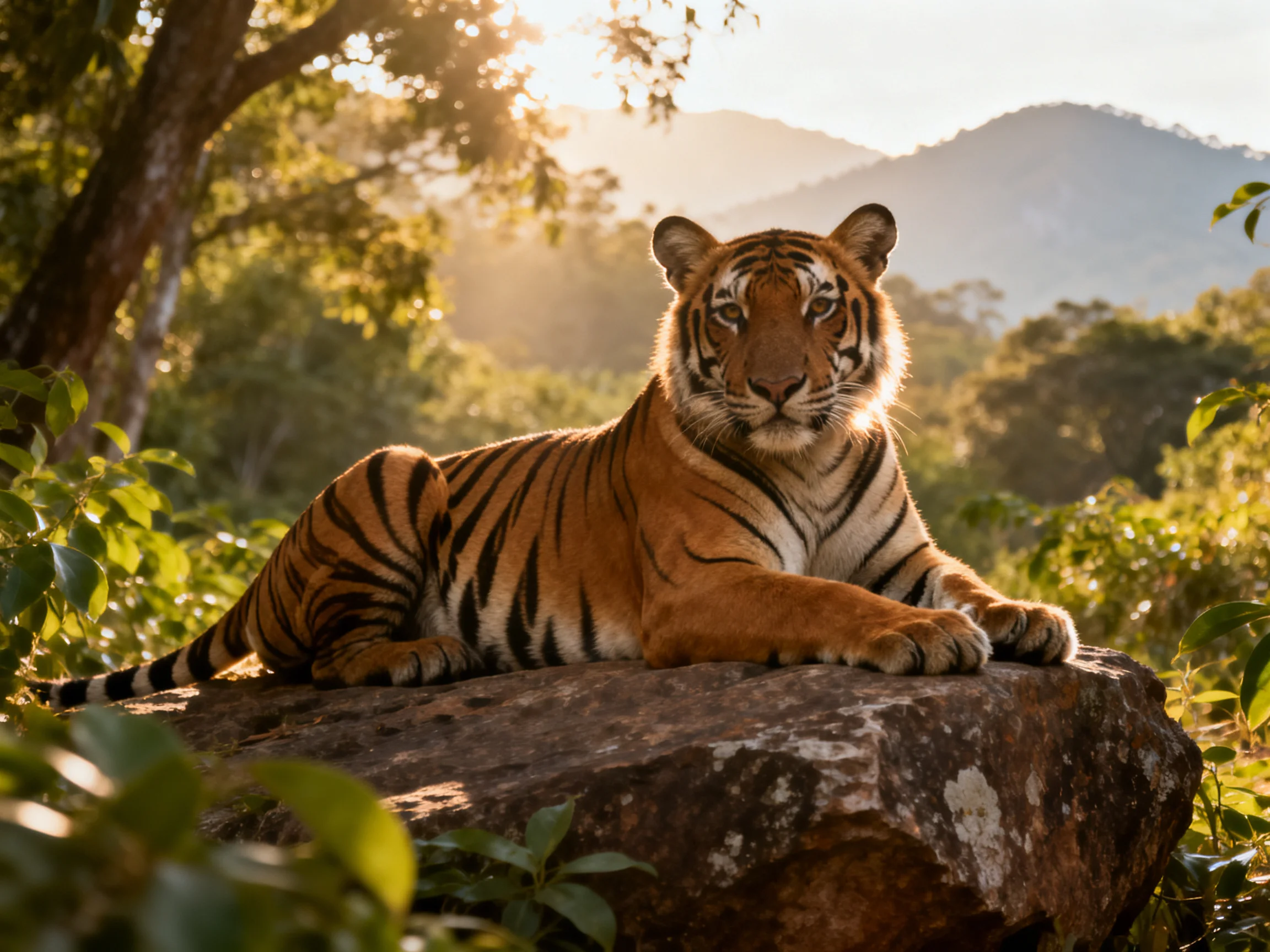 A tiger rests on a rock in a natural setting with surrounding greenery and mountains