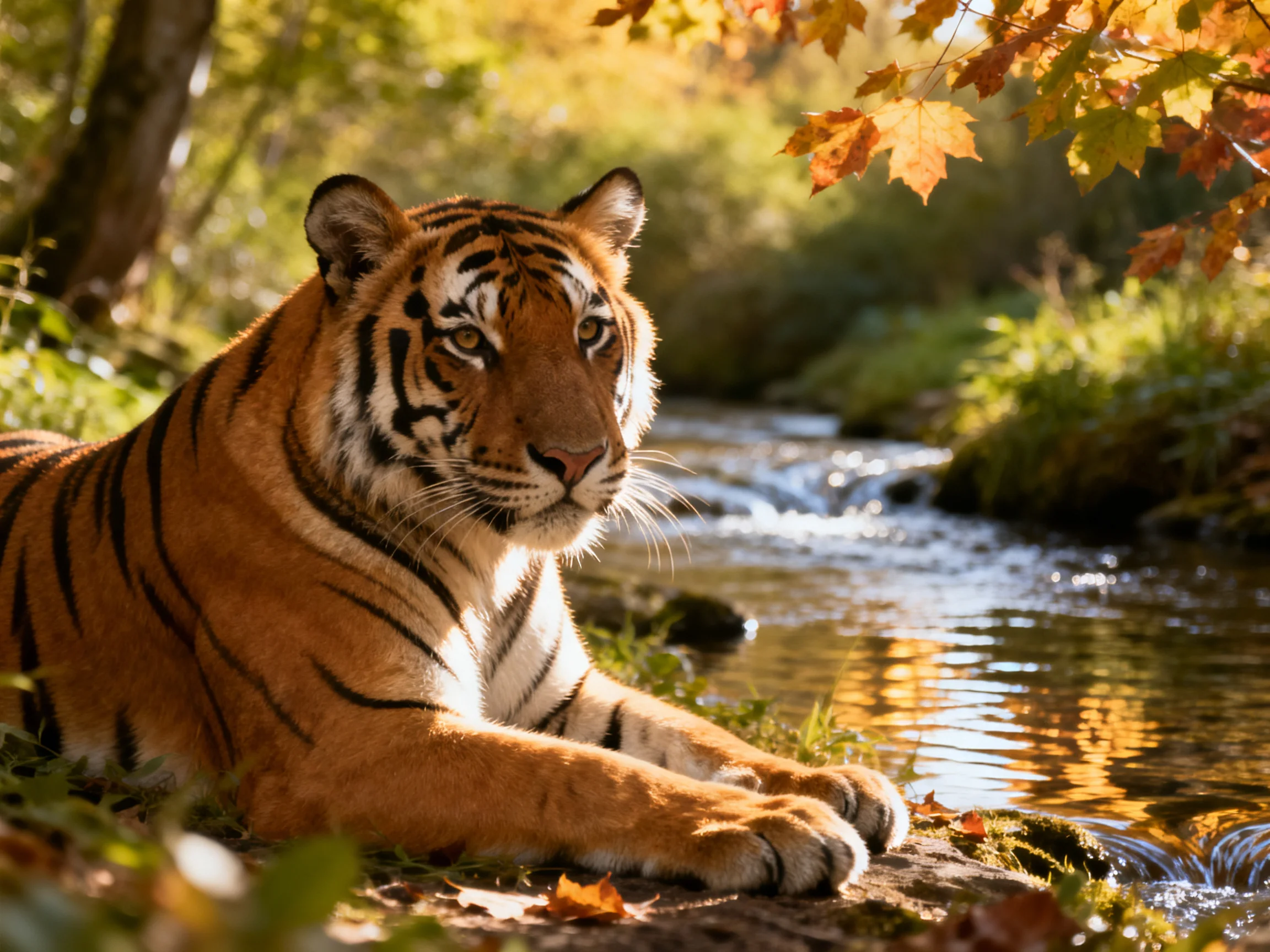 A tiger relaxes beside a sunlit stream in an autumn landscape.
