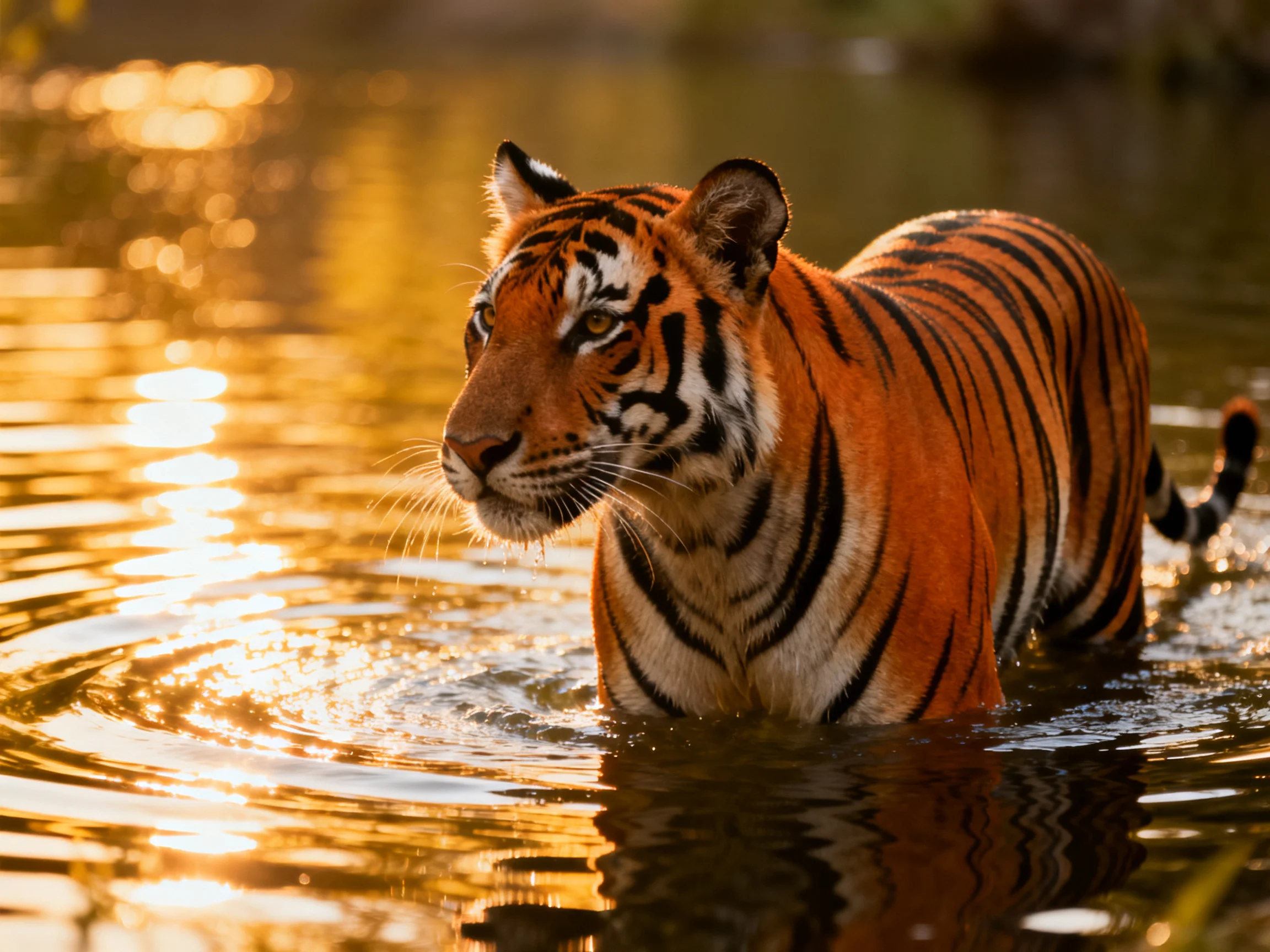 A tiger with bold black stripes moves through sunlit water.