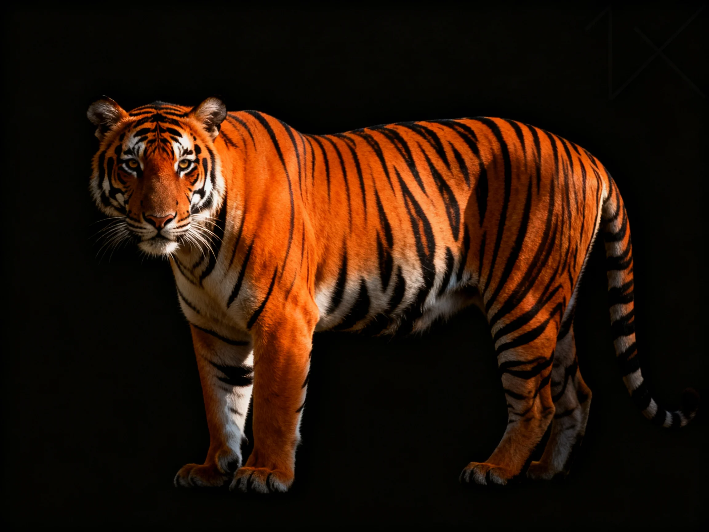 A tiger displays its orange and black striped pattern on a dark background.