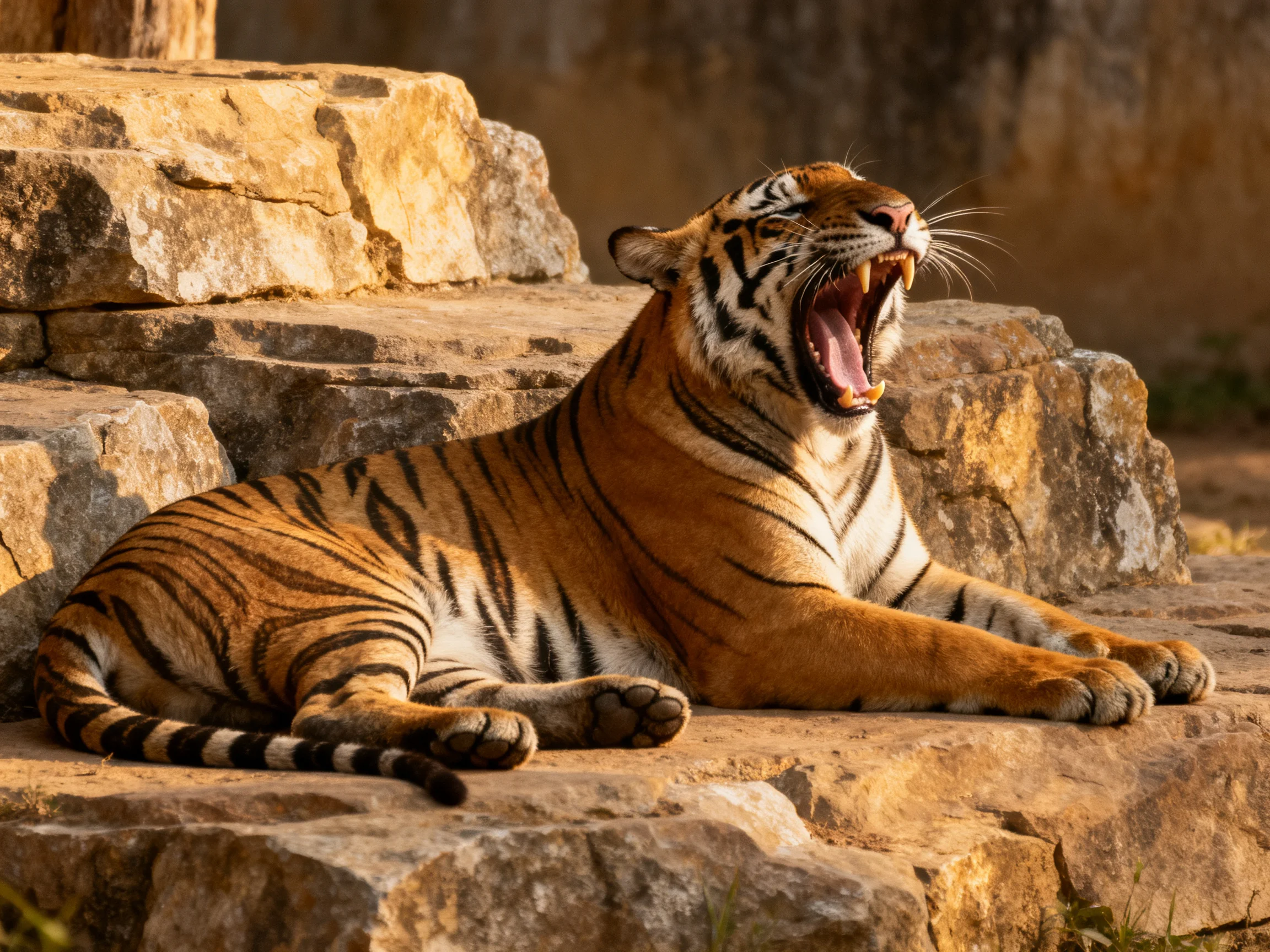 A tiger yawns on sunlit rocky terrain with orange and black stripes