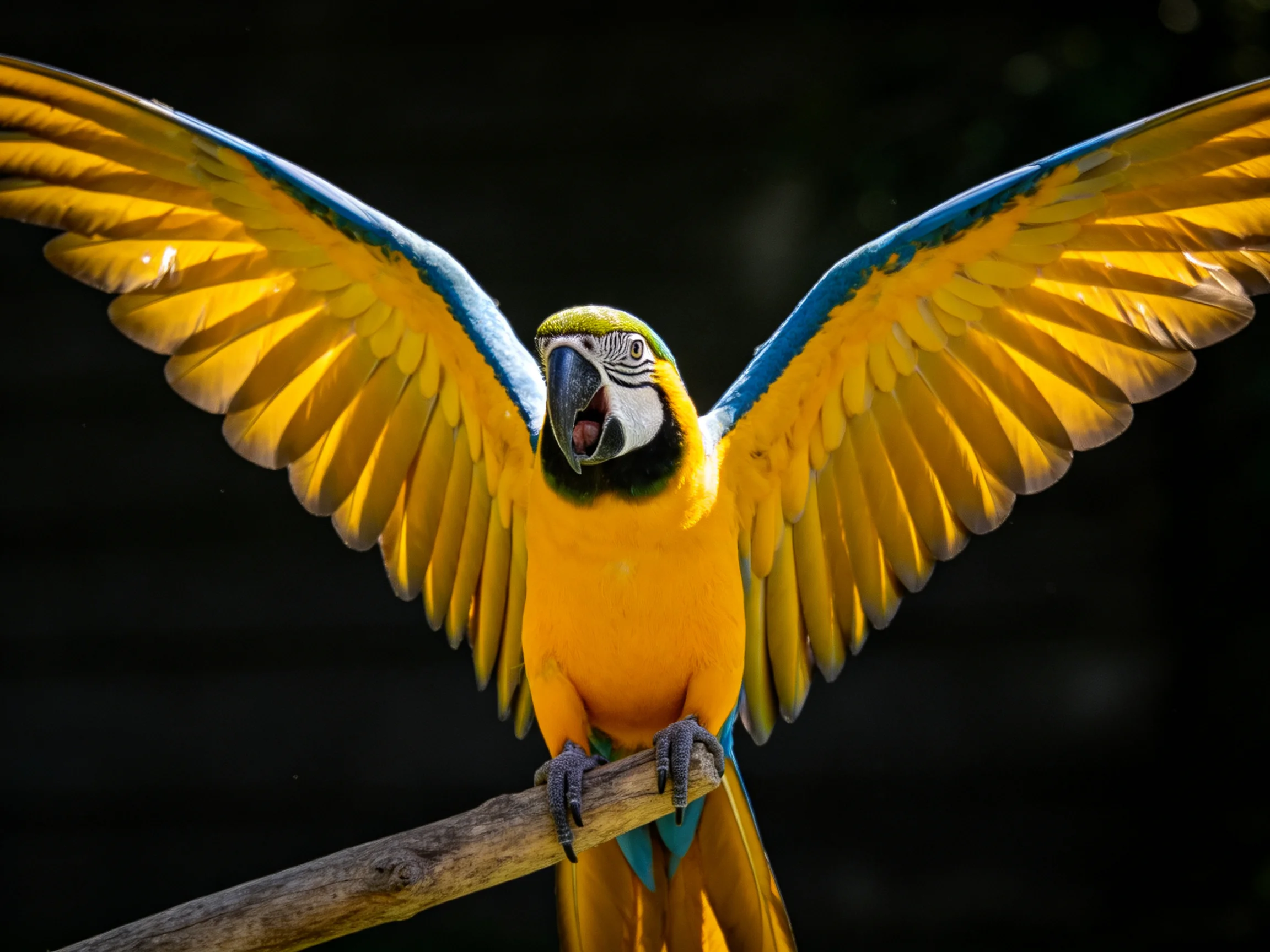 A colorful macaw spreads its wings while perched on a branch.