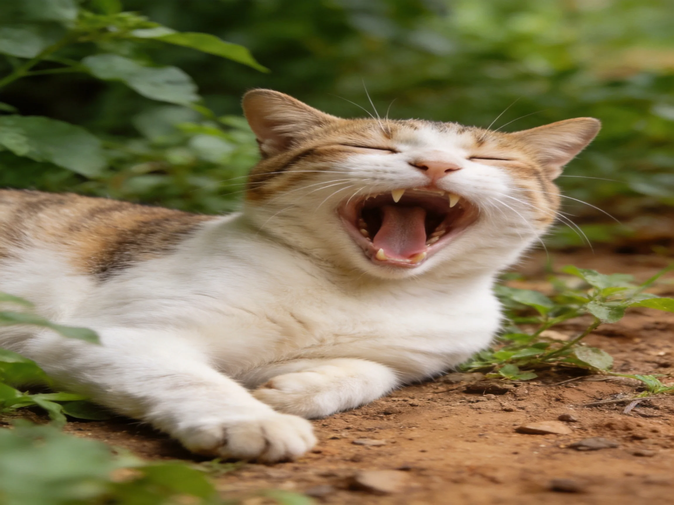A calico cat yawns on a dirt path amidst green foliage
