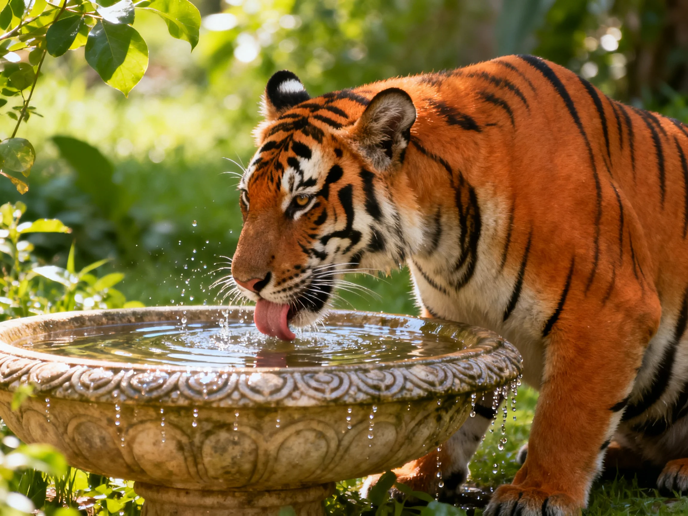 An orange tiger drinks water from a decorative stone fountain in a verdant setting.