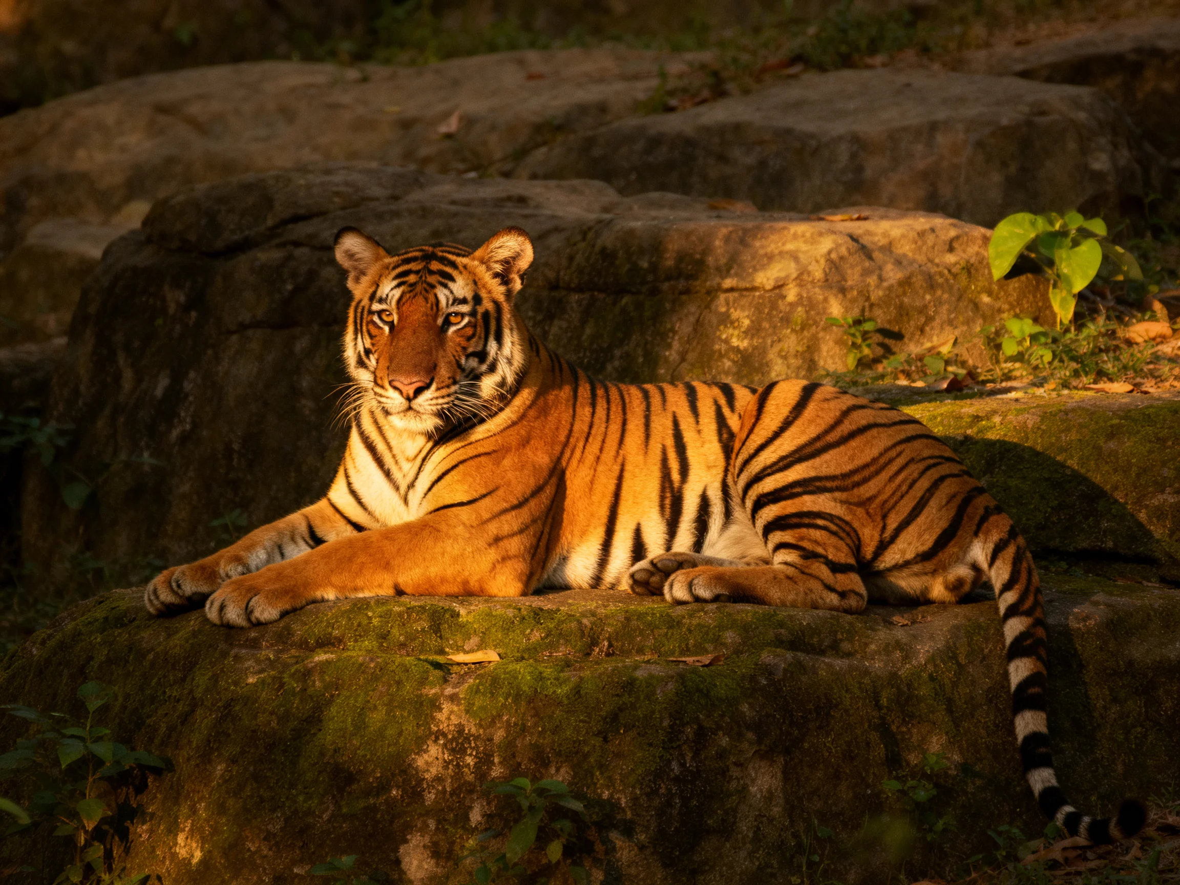 An orange tiger rests on mossy rocks in a sunlit rocky area.