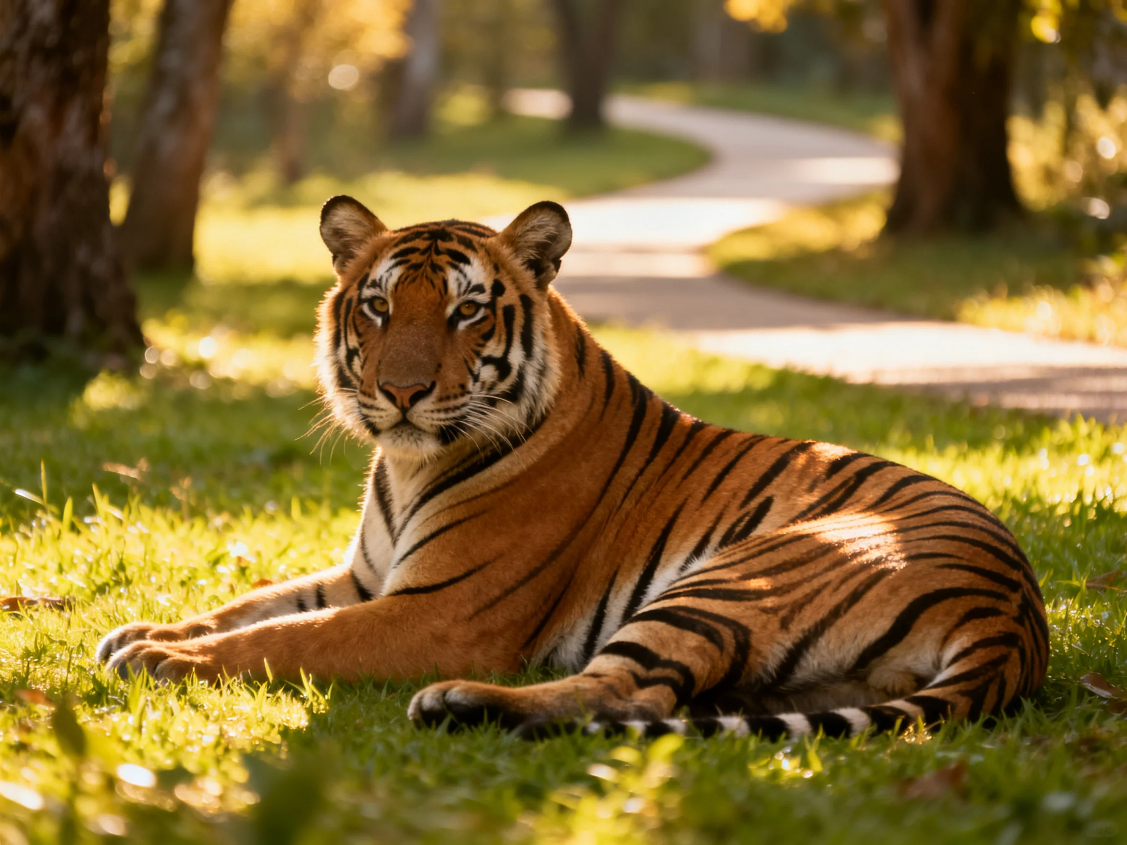 An orange tiger relaxes on green grass near a winding path in a sunlit wooded area