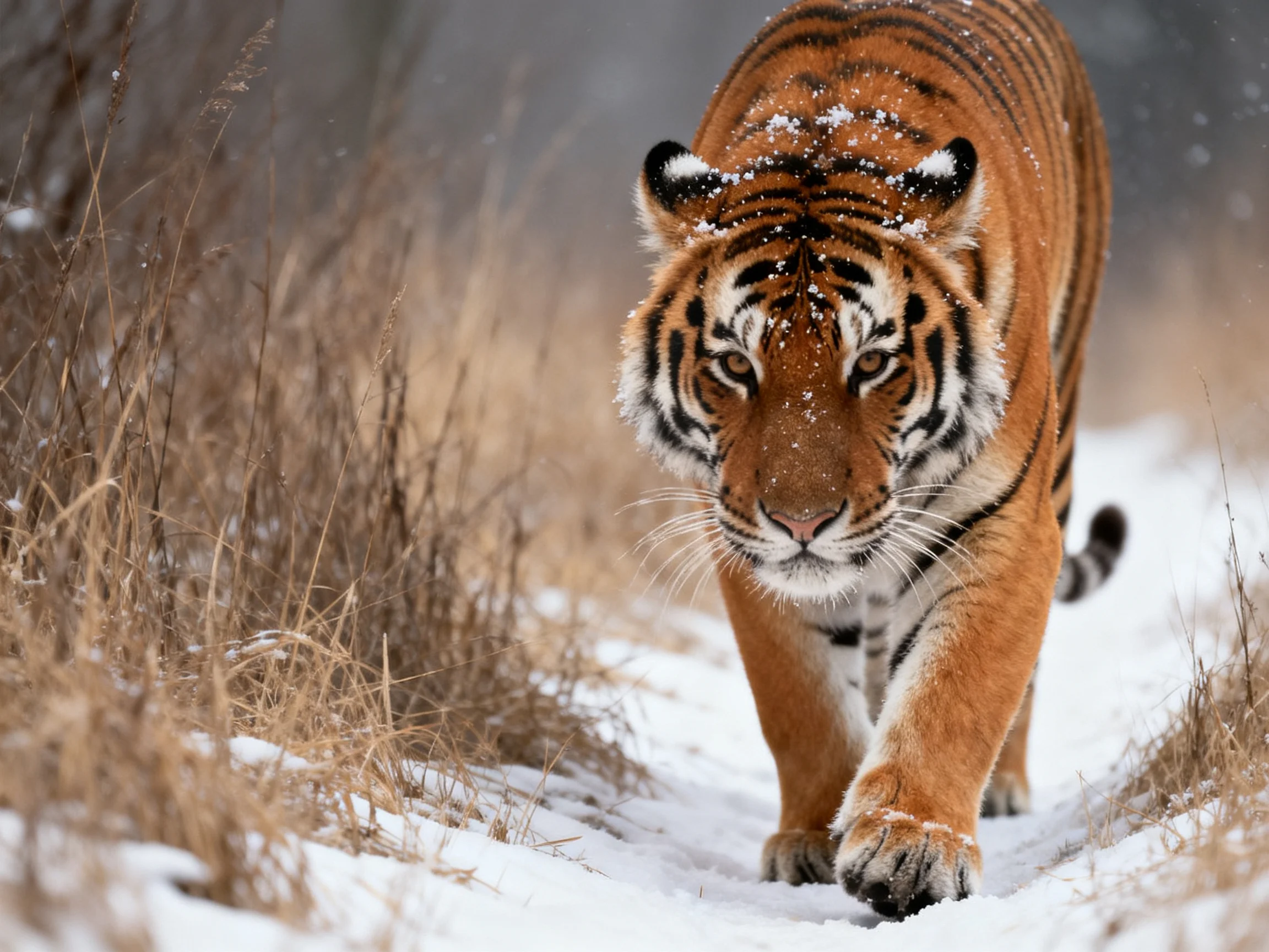 A vibrant orange tiger moves through a snowy forest trail