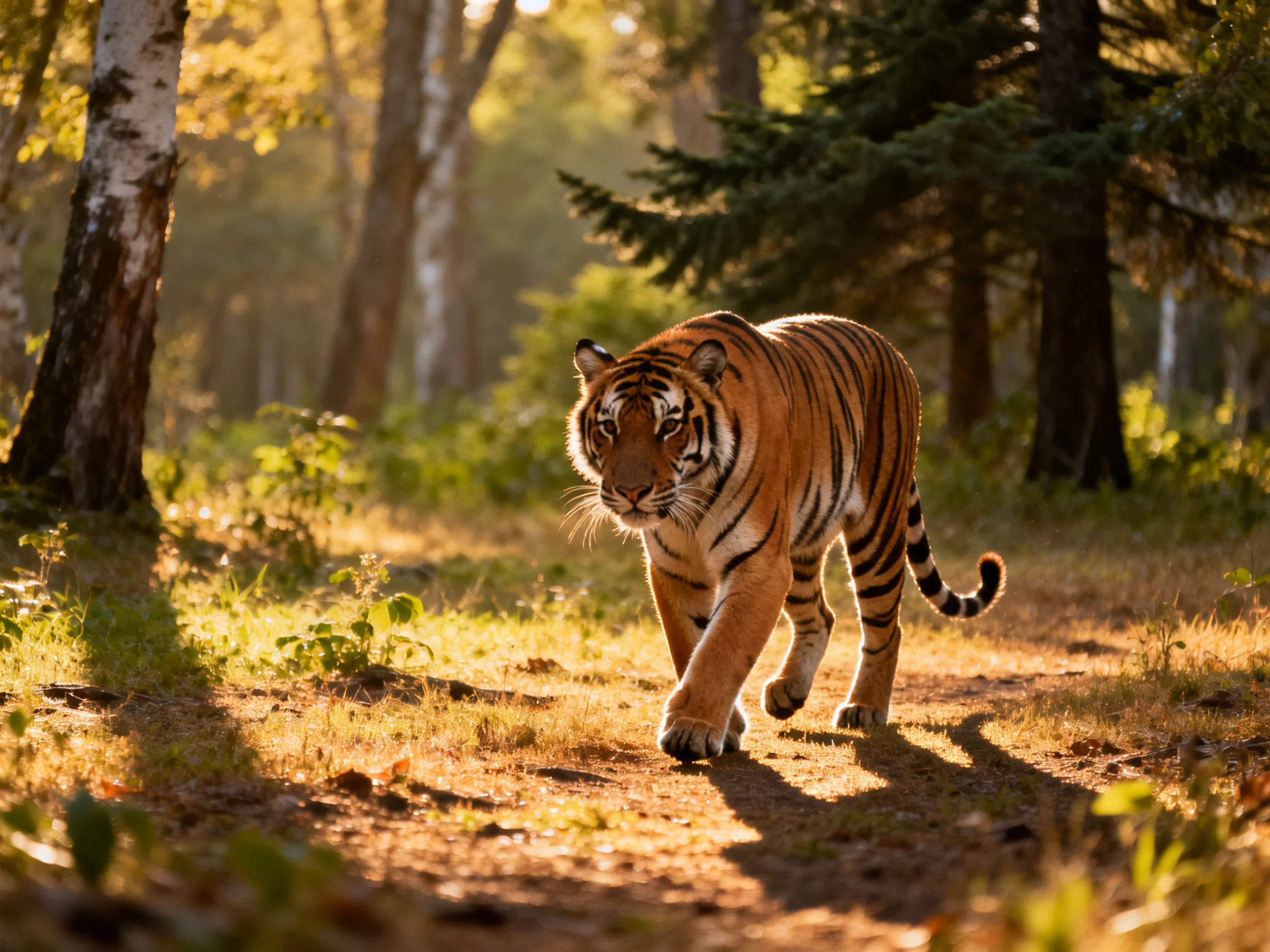 A vibrant orange tiger moves through a sunlit forest clearing