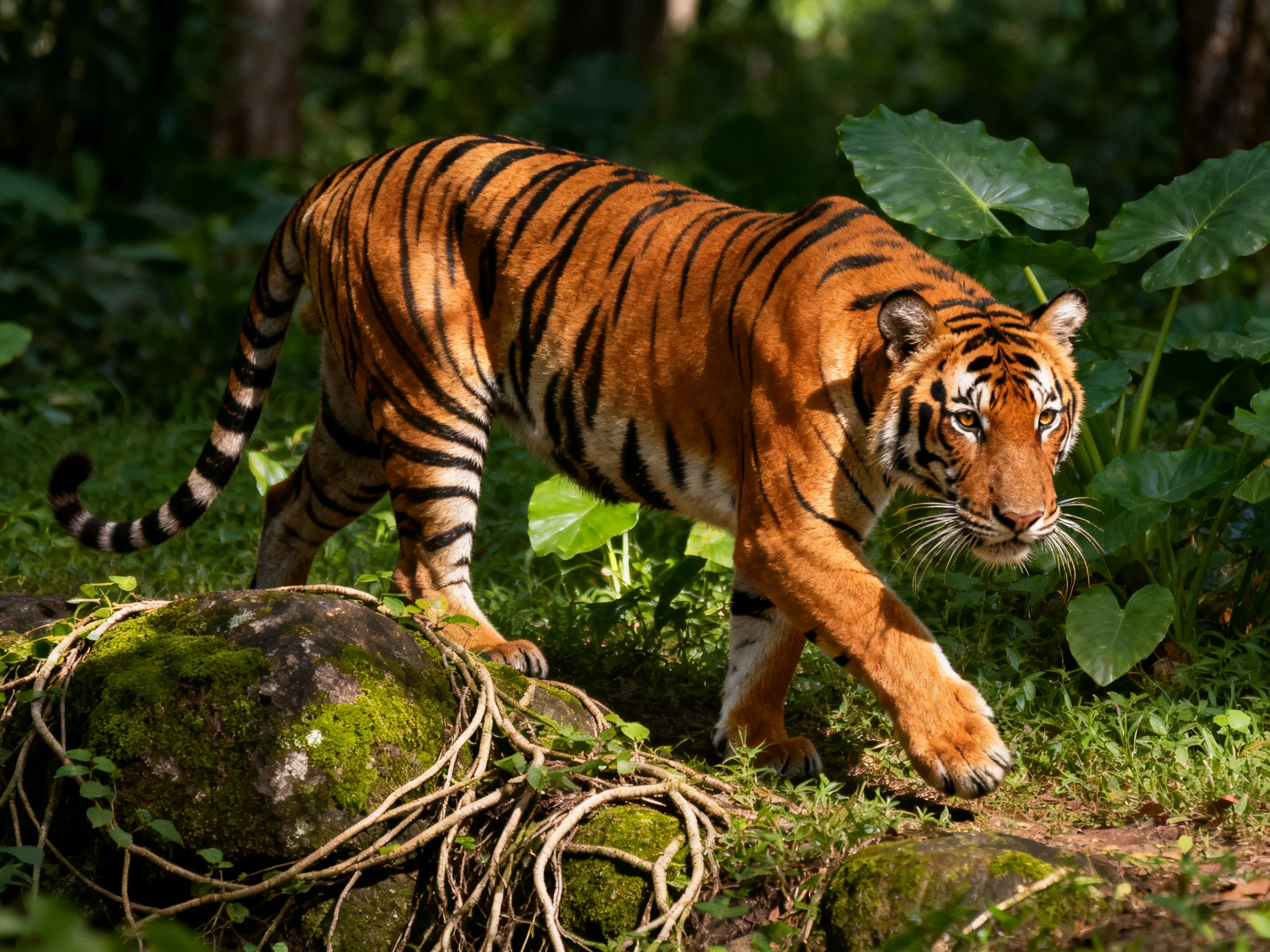 An orange tiger cautiously moves through a forest with green plants and moss-covered rocks.