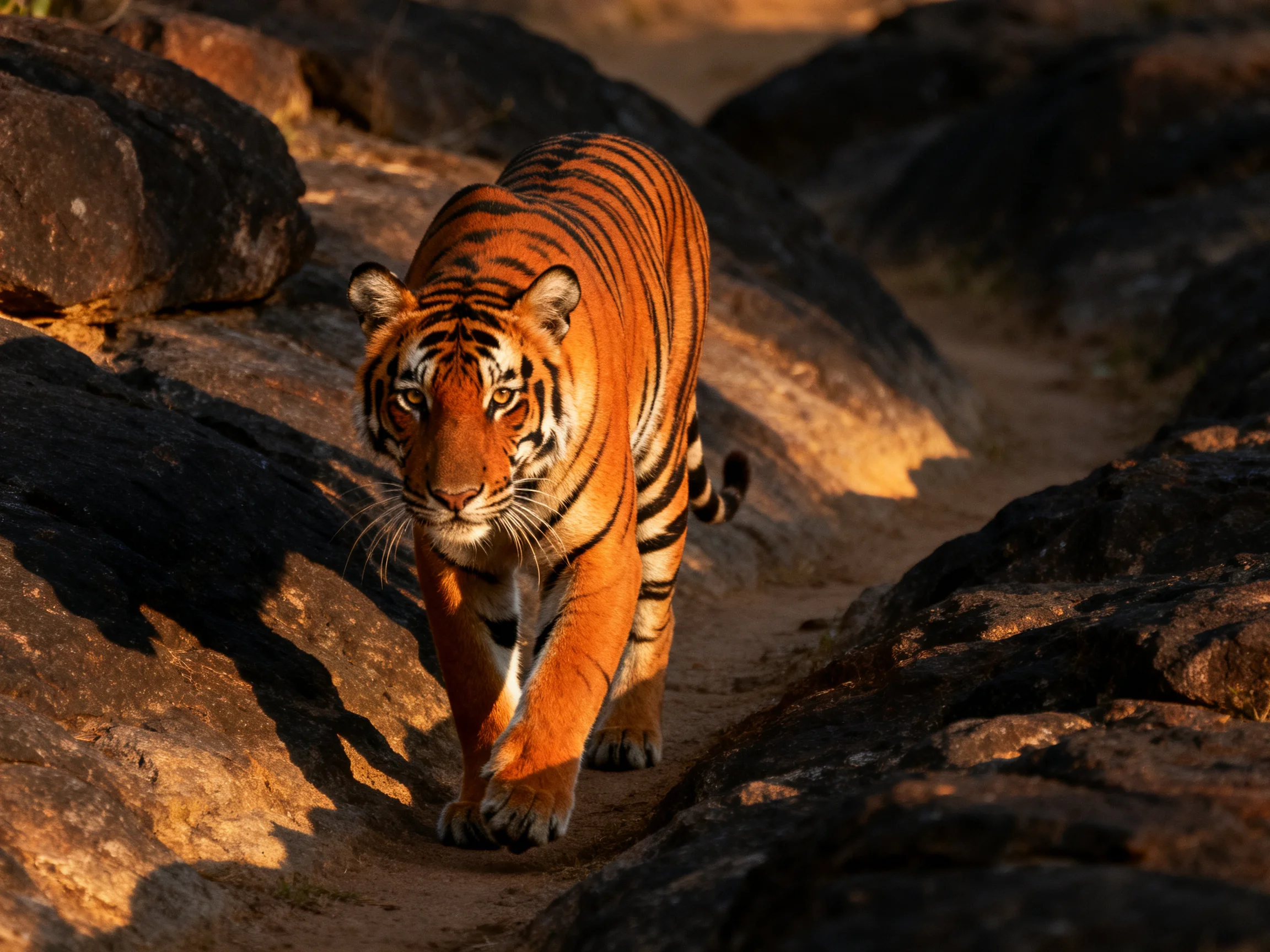 A vibrant orange tiger navigates rocky terrain bathed in warm sunlight