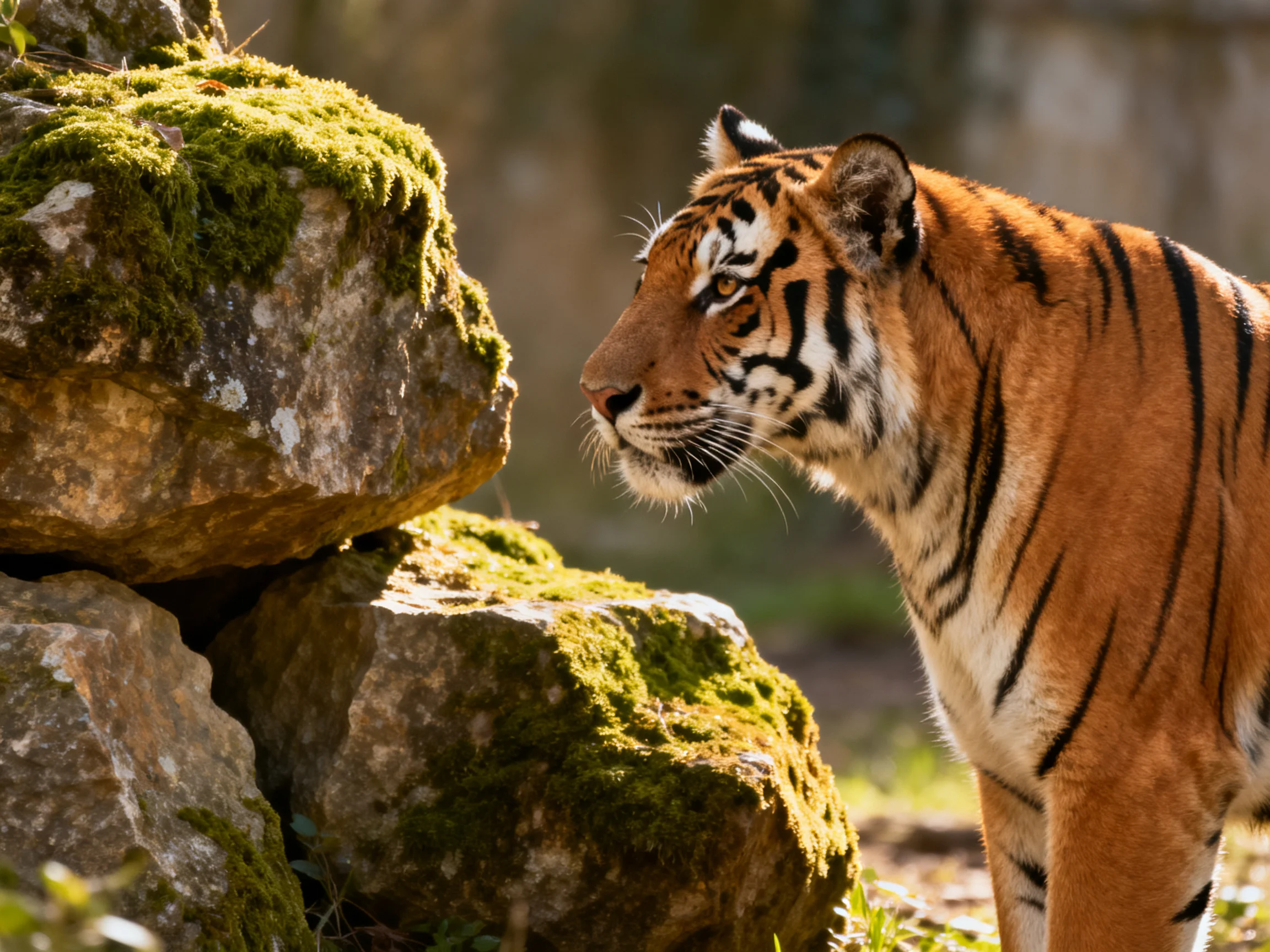An orange tiger inspects moss-covered rocks in a sunlit area.