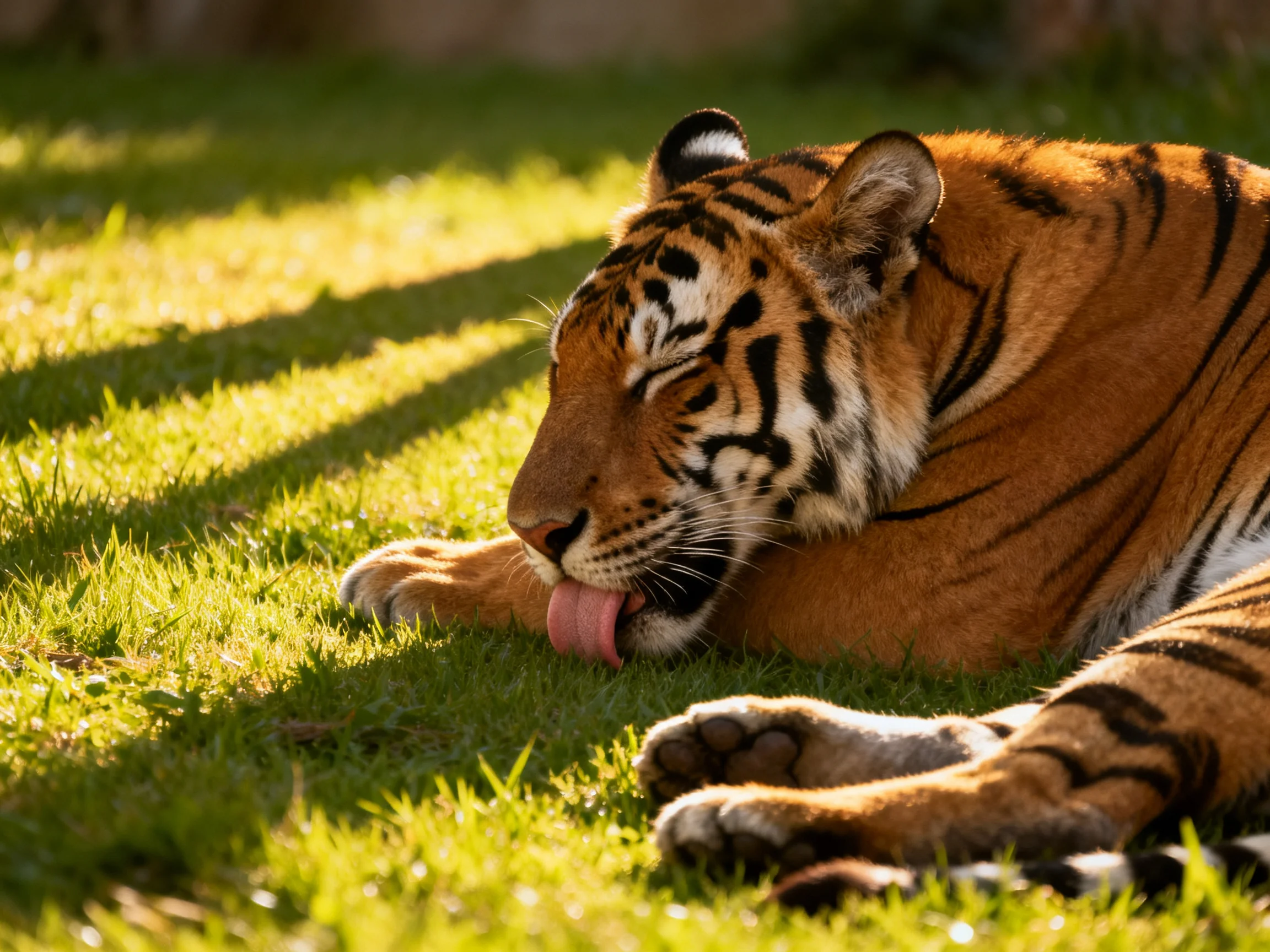 An orange tiger rests on grass in bright sunlight.