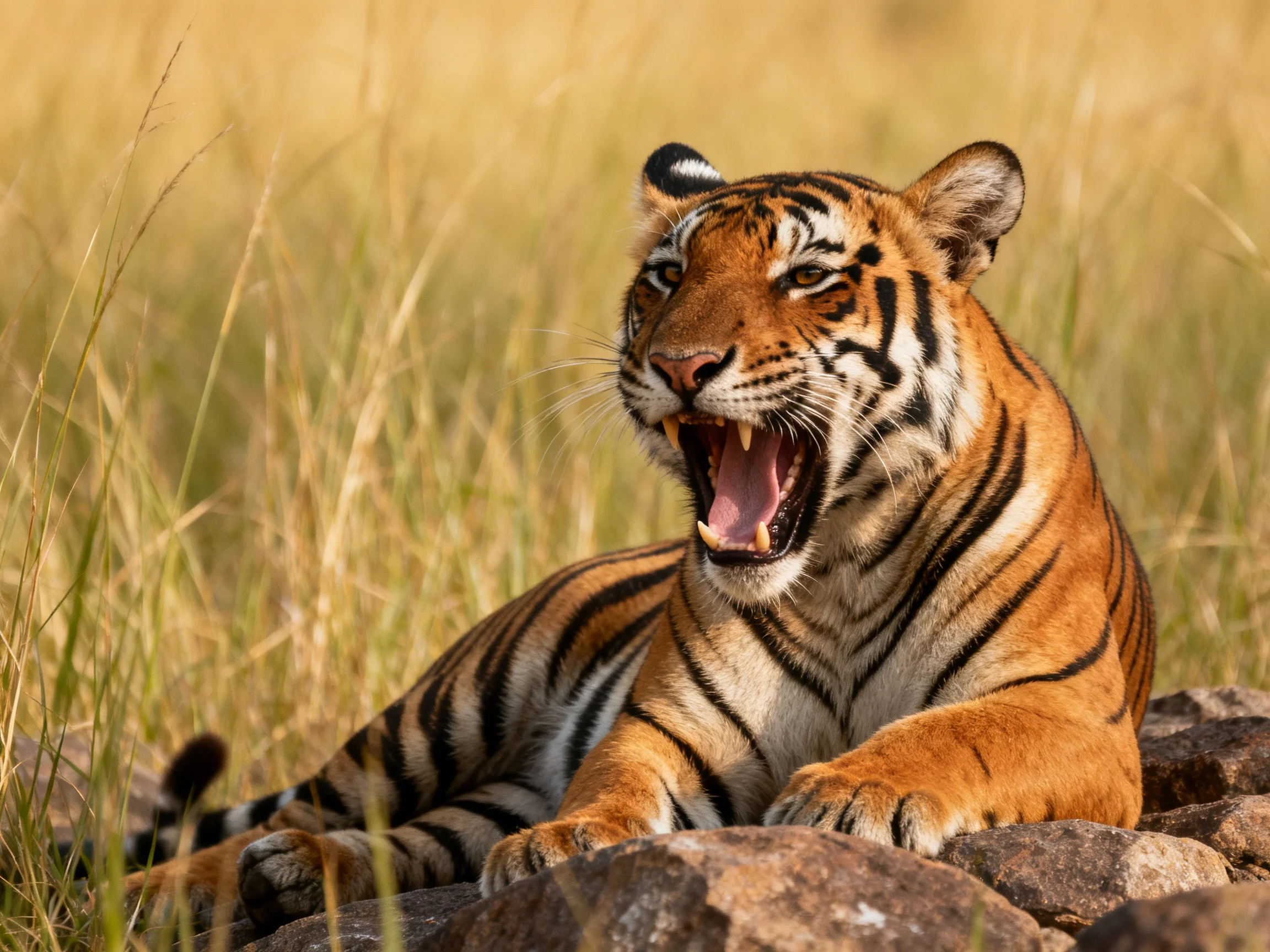 An orange tiger rests near rocks in golden grasslands.