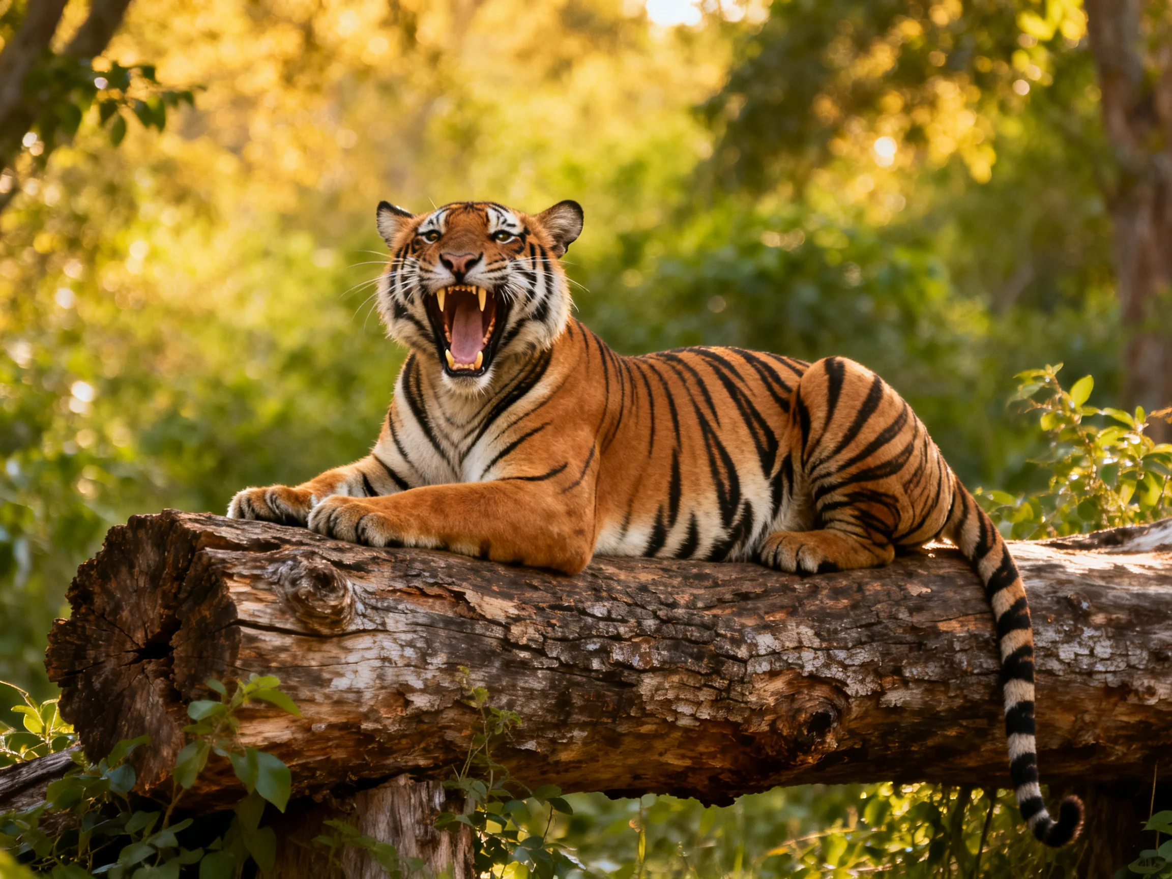 A vibrant orange tiger rests on a large brown log amid lush green foliage