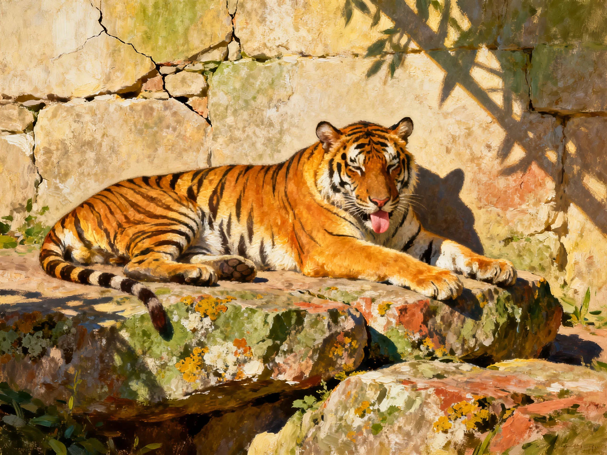 A vibrant orange tiger rests on moss-covered rocks near an aged stone wall