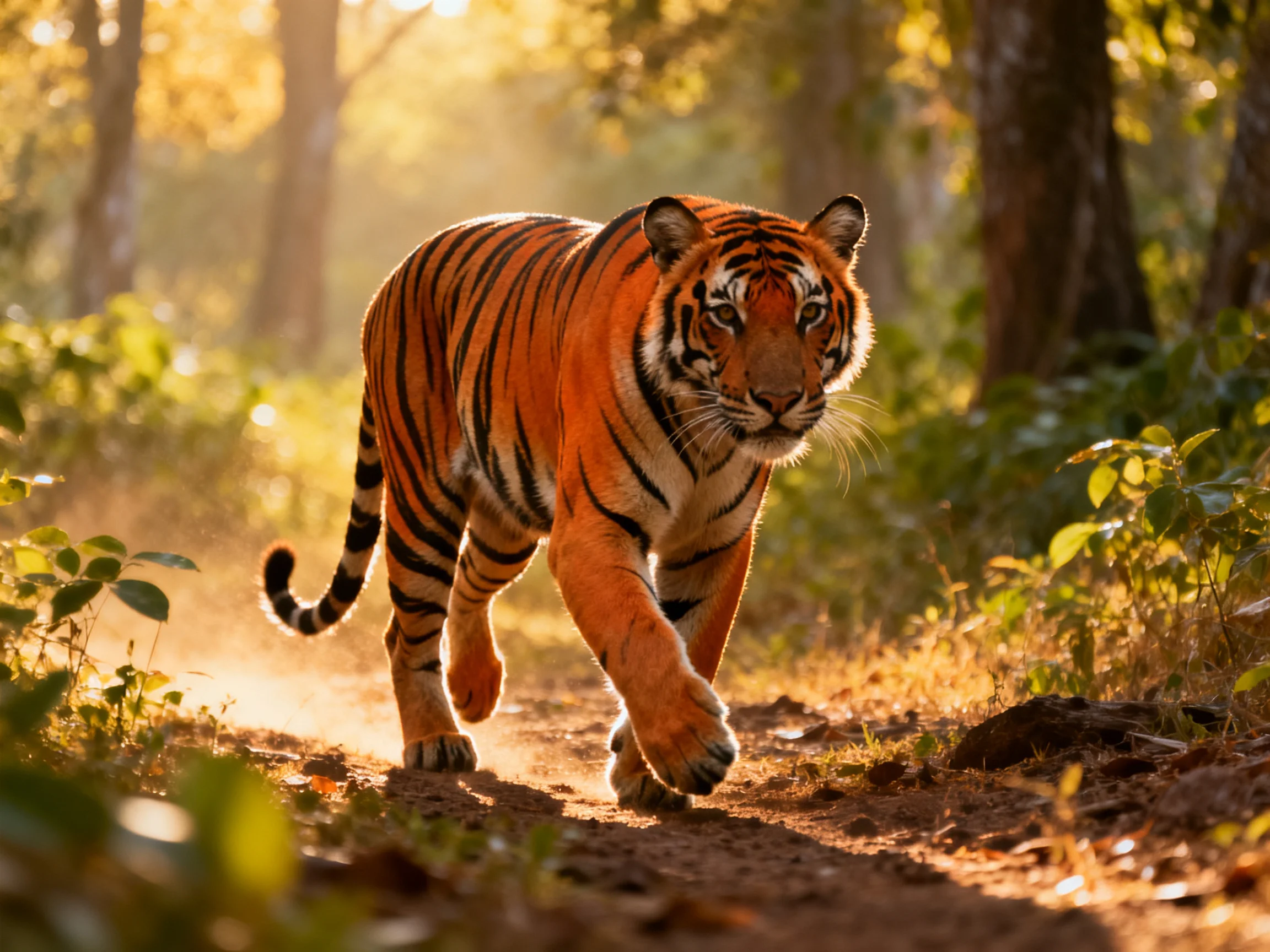 A tiger walks through a sunlit forest.