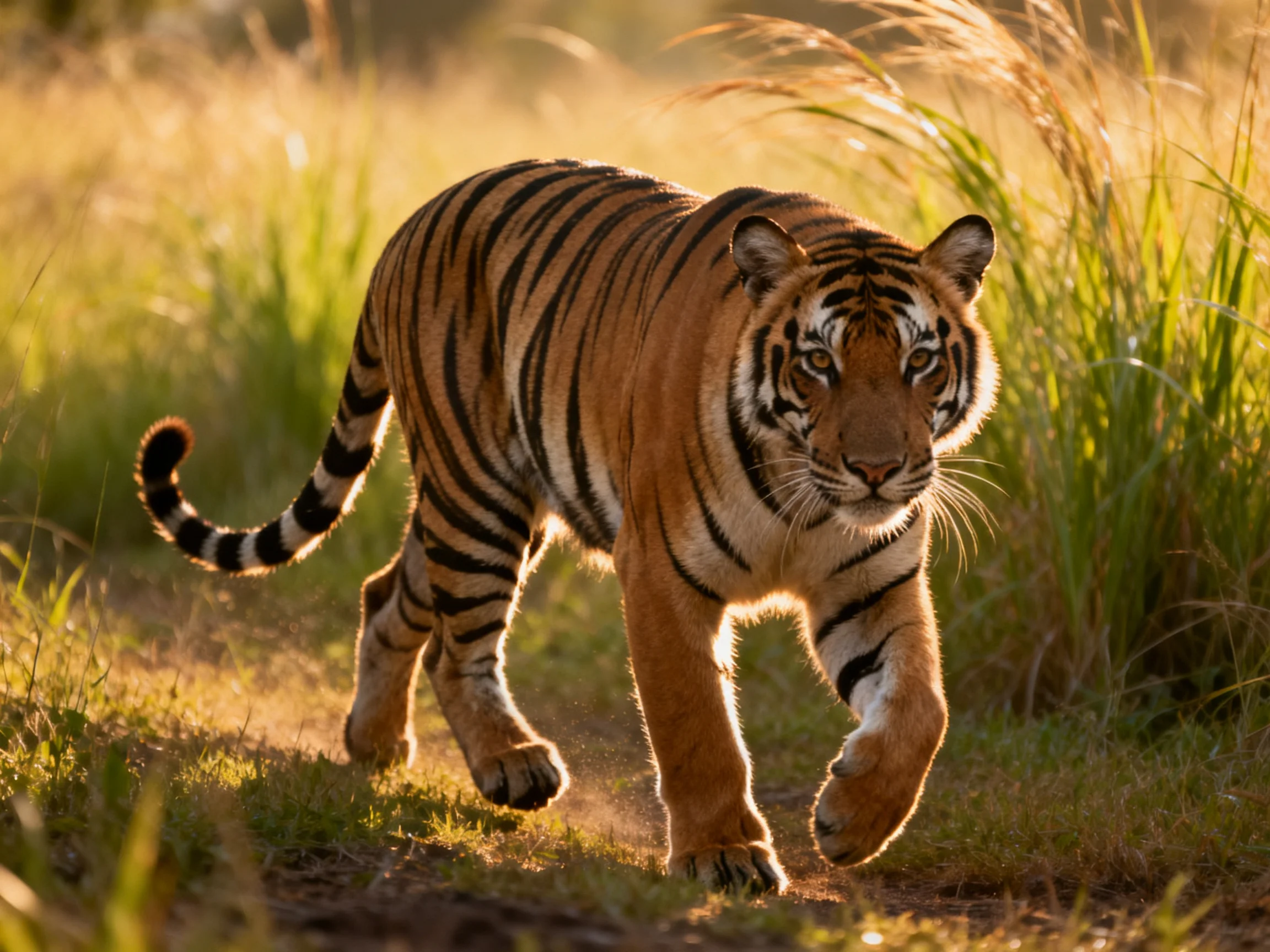 An orange tiger with bold stripes moves through sunlit grassland.