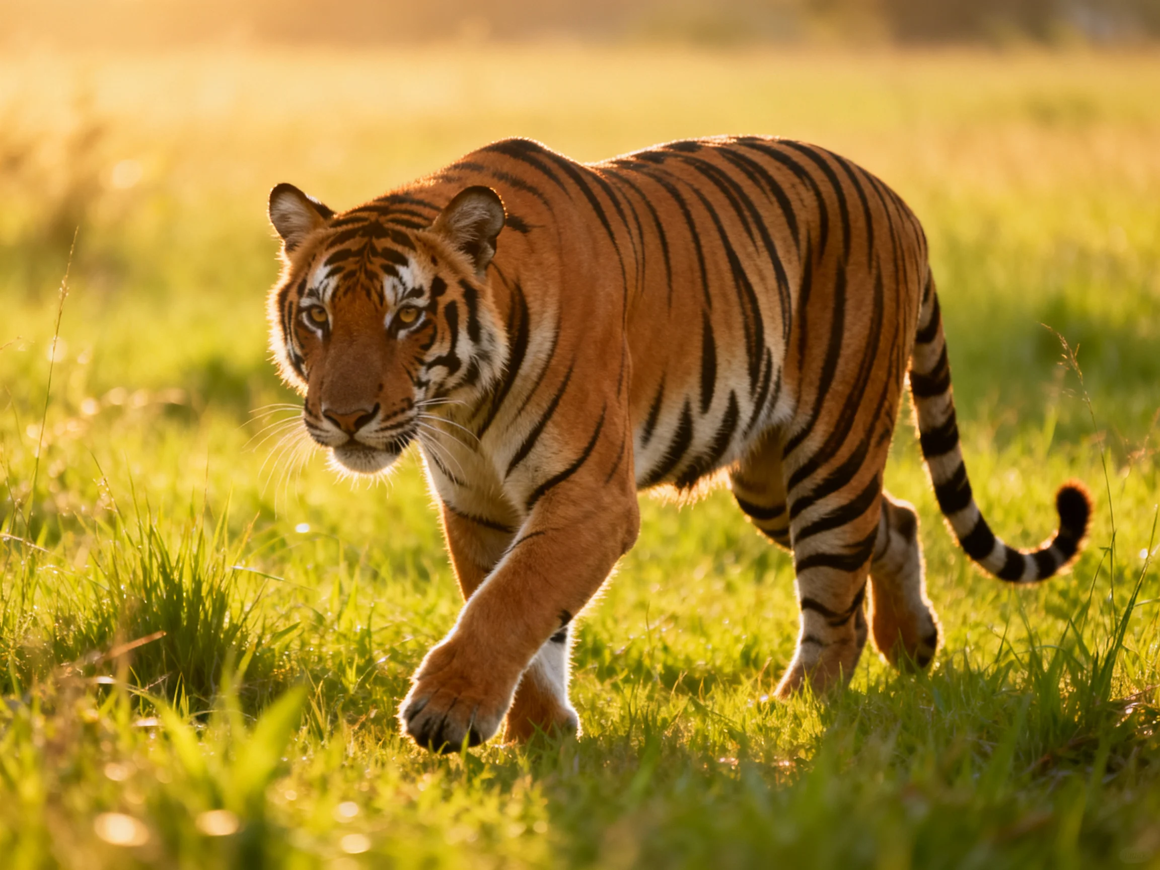 An orange tiger moves through sunlit green grass in an open field