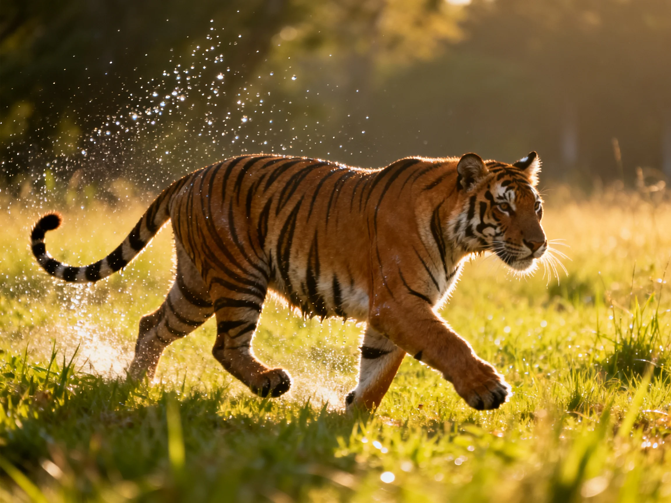 An orange tiger moves swiftly across sunlit grass with water droplets.