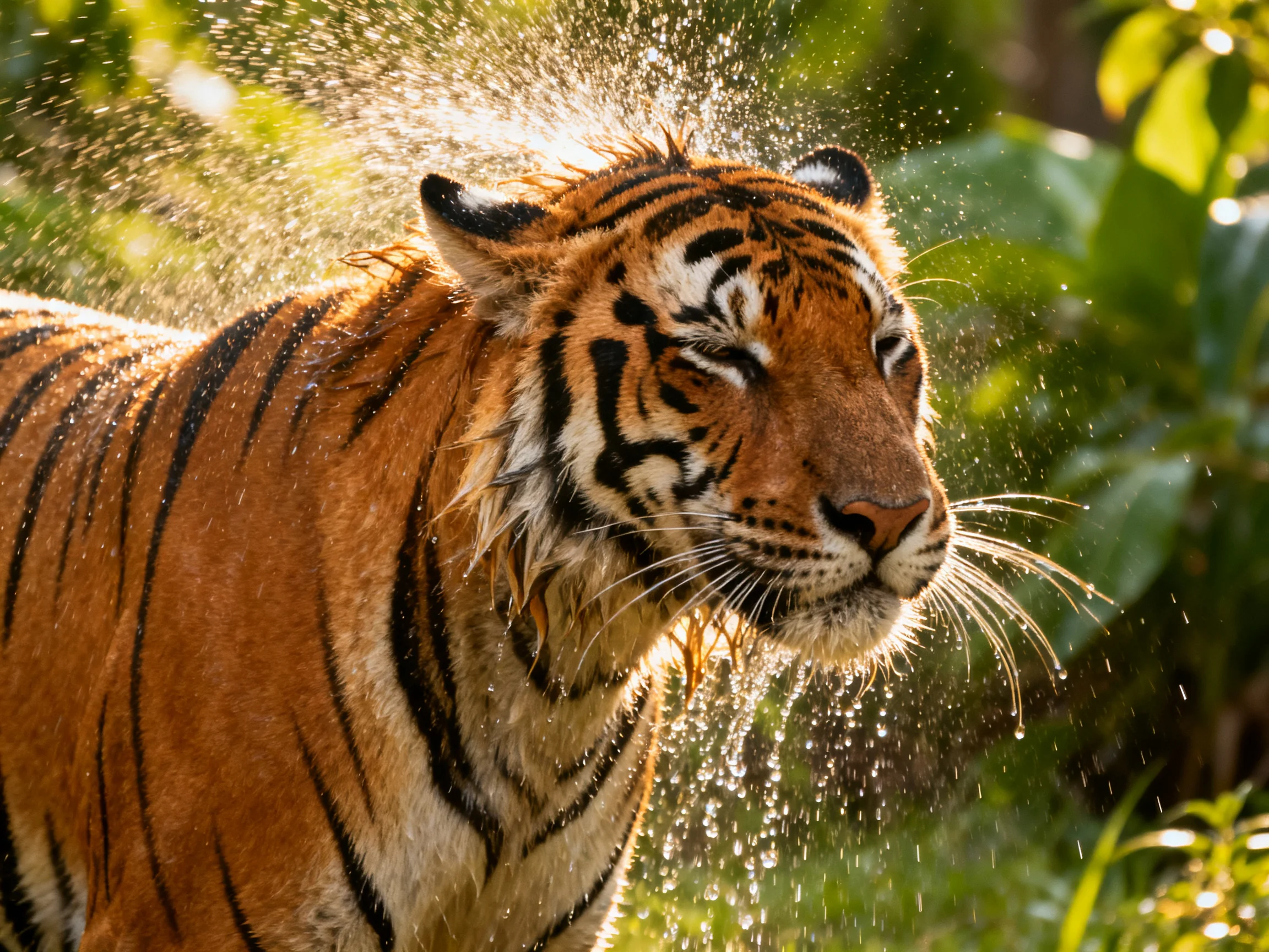 A tiger shakes off water droplets in a sunlit natural setting.