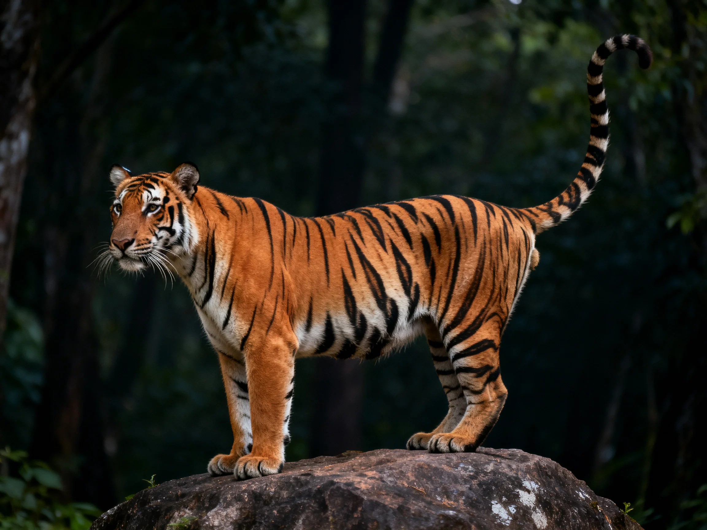 An orange tiger stands alert on a rock amid a shadowed forest.