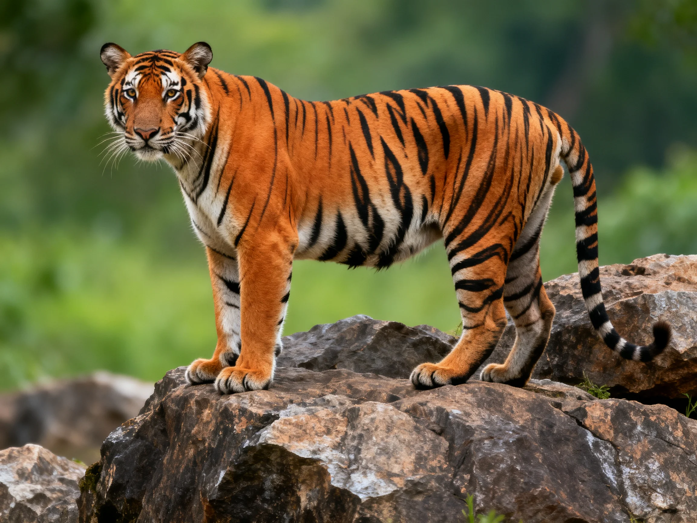 An orange tiger stands on large rocks amid green surroundings.
