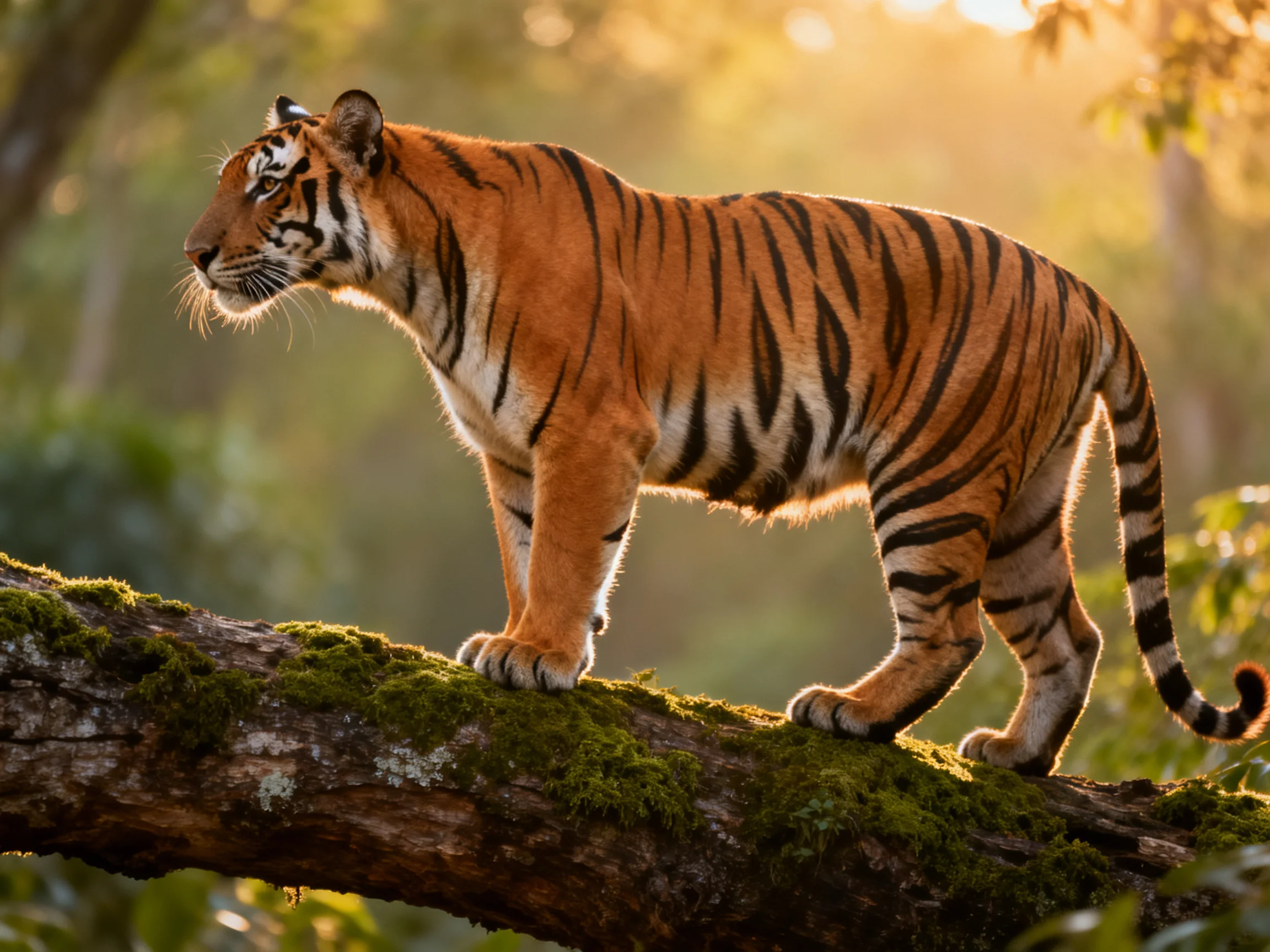 A tiger stands on a mossy branch in a sunlit forest.