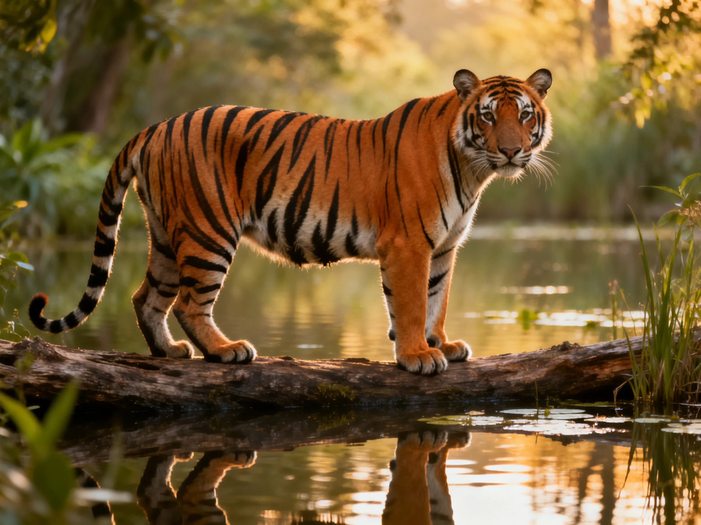 An orange tiger stands on a log by calm water in a sunlit forest.