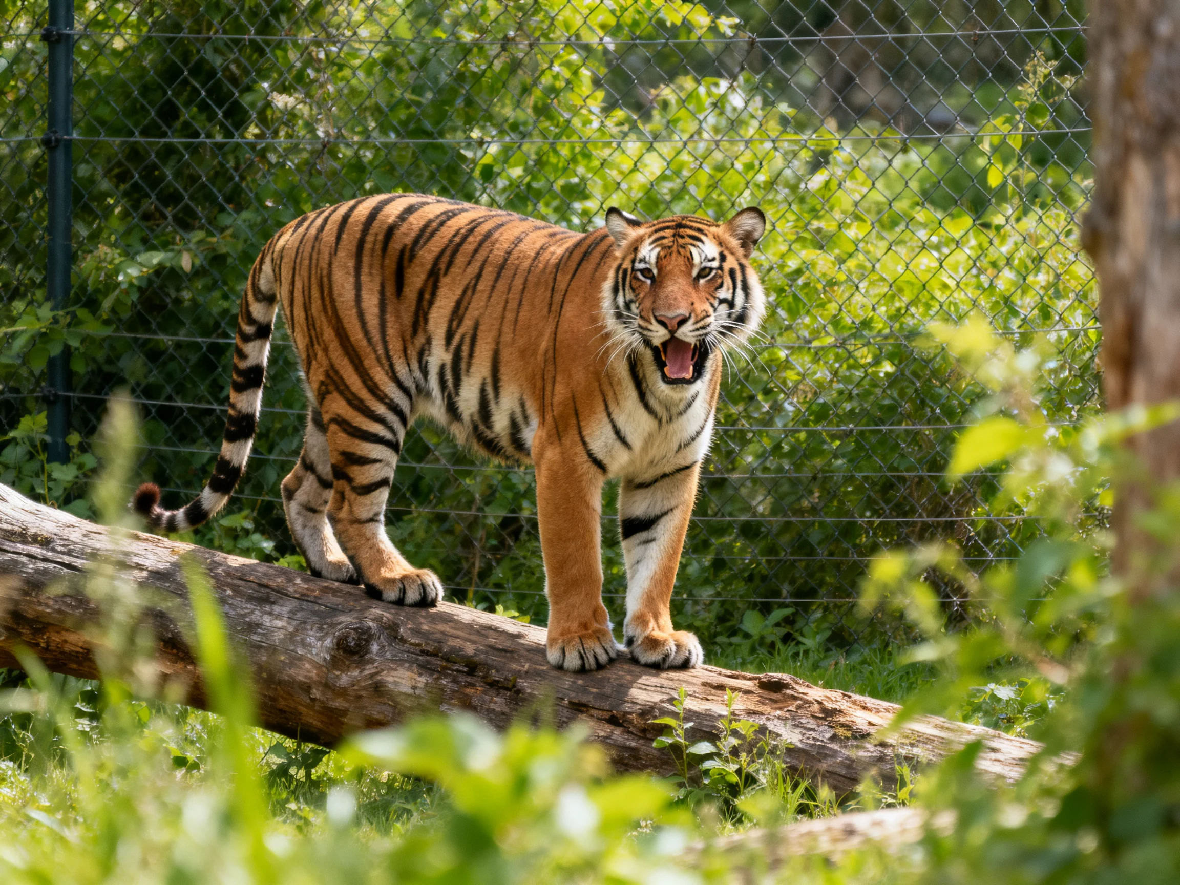 An orange tiger stands on a log within a green, fenced enclosure.
