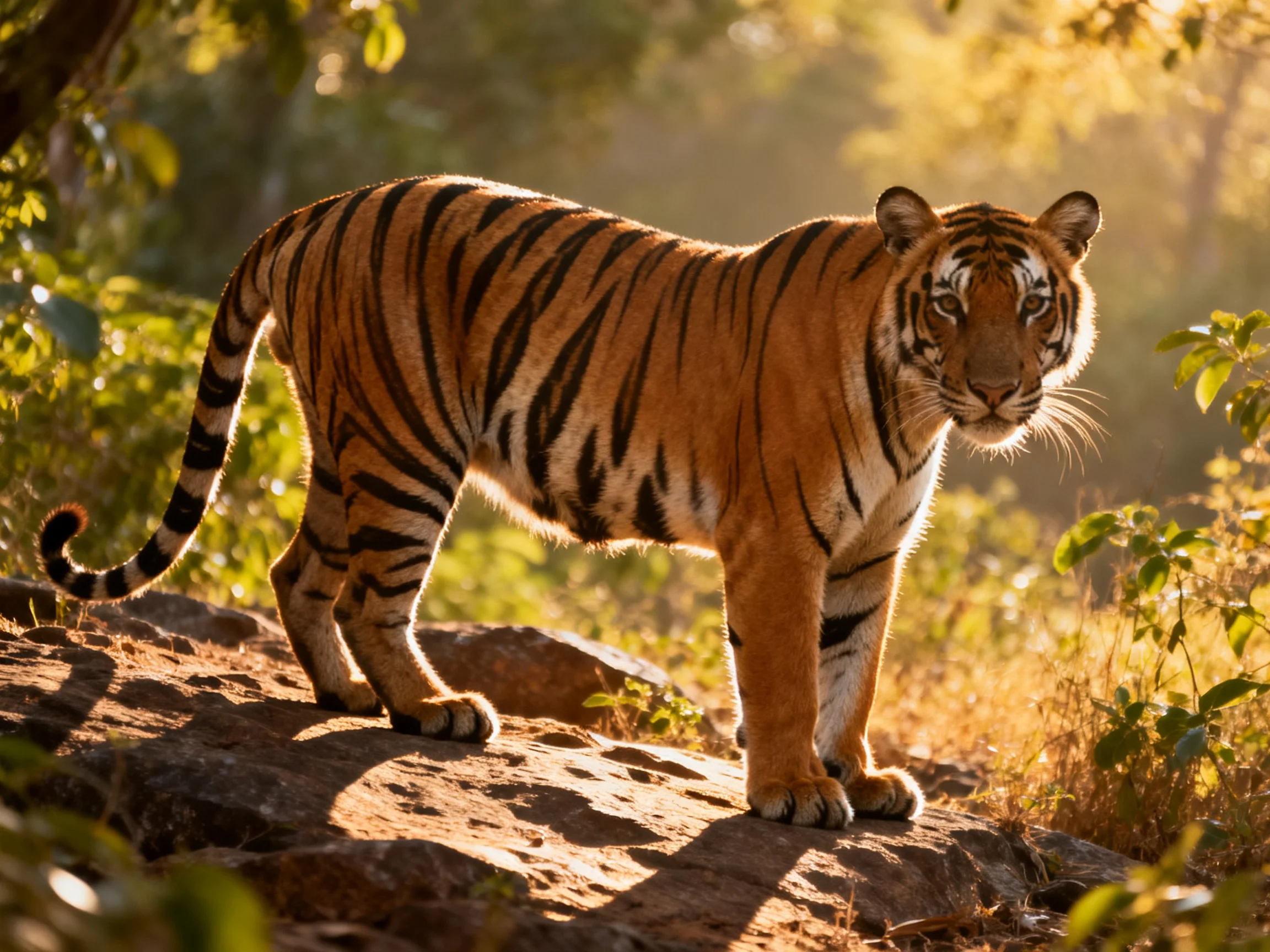 An orange tiger stands alert on rocks in a sunlit natural setting.
