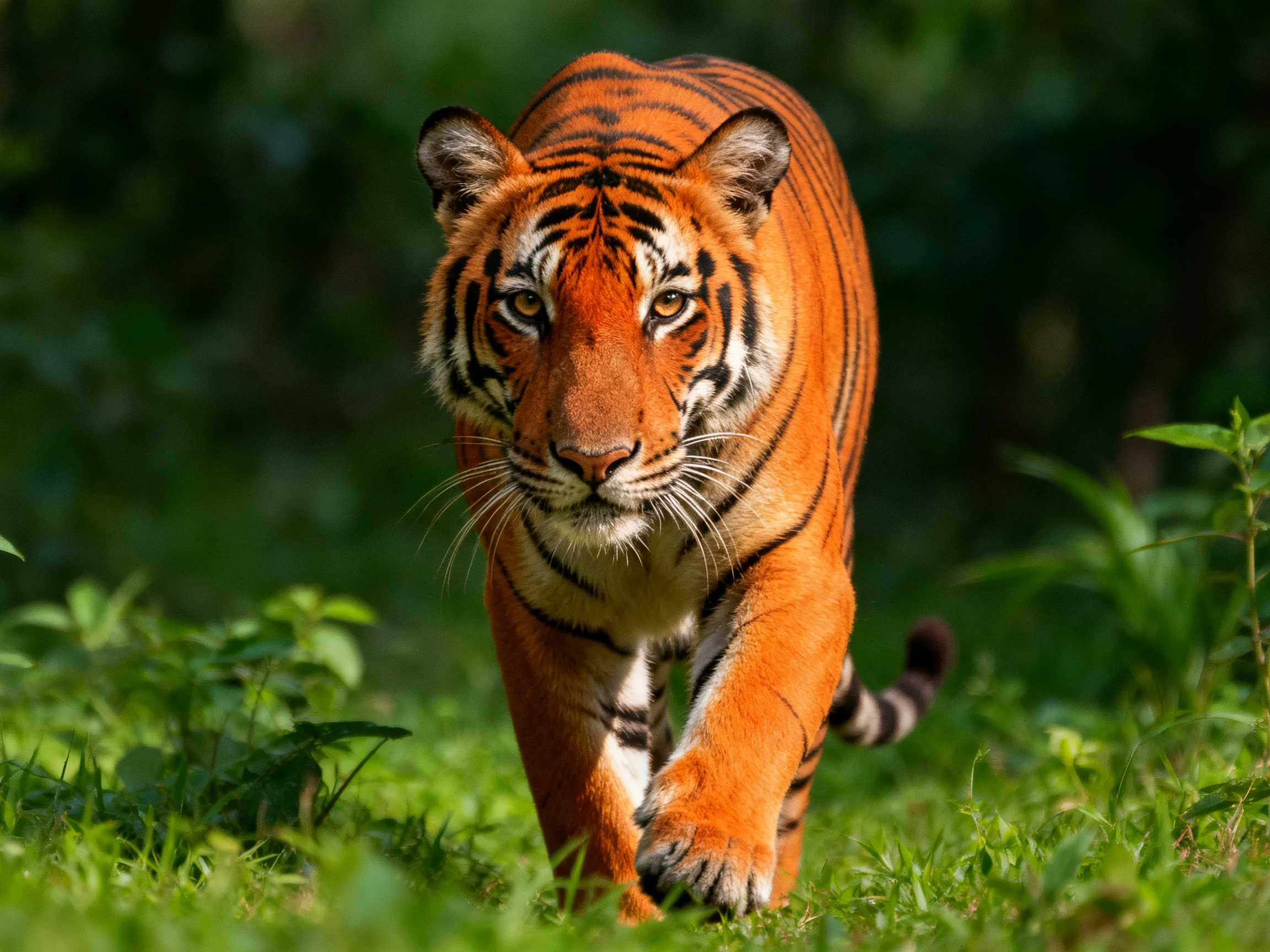 An orange tiger walks purposefully through dense green vegetation.