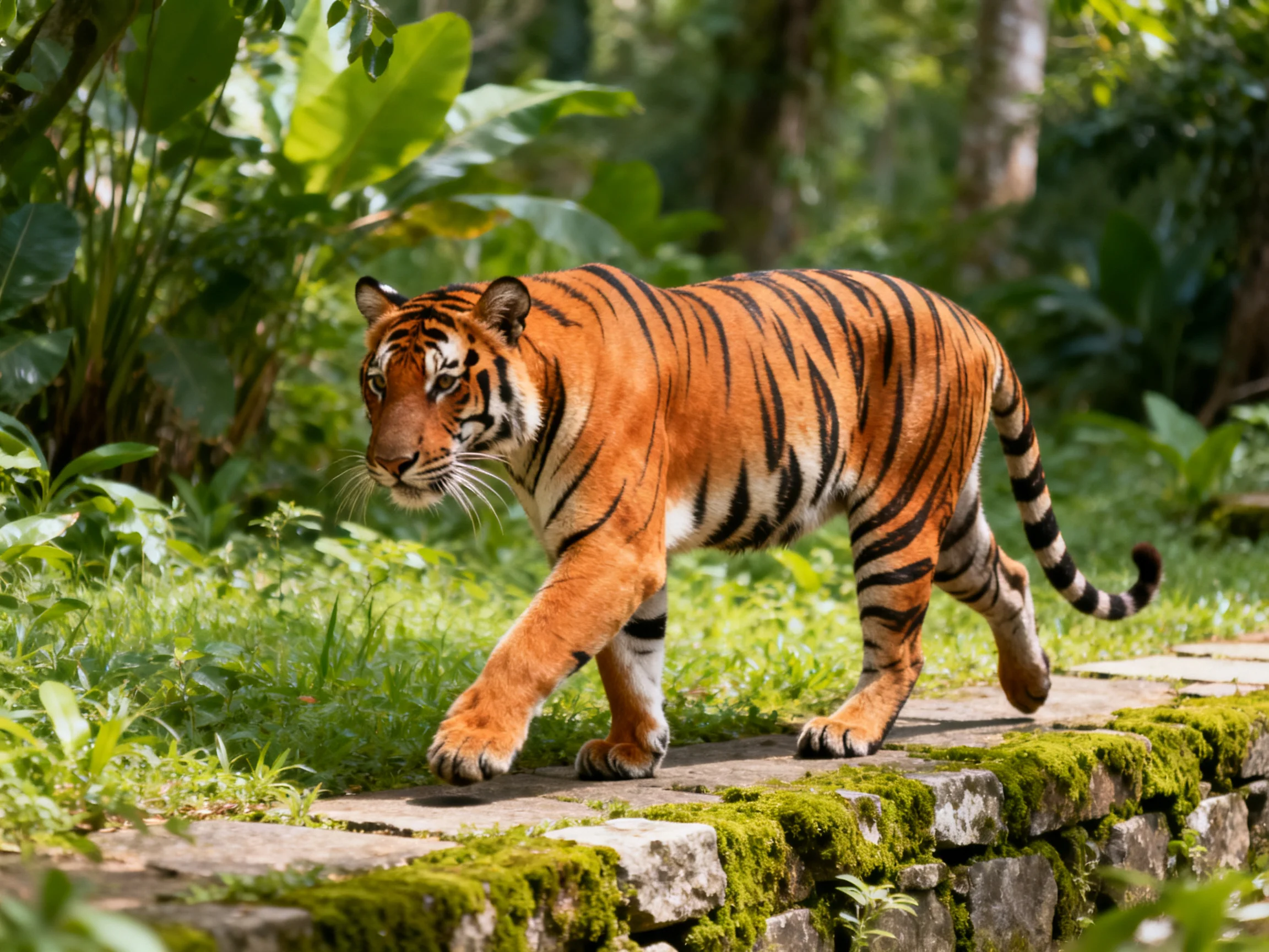 A vibrant orange tiger walks along a moss-covered stone path