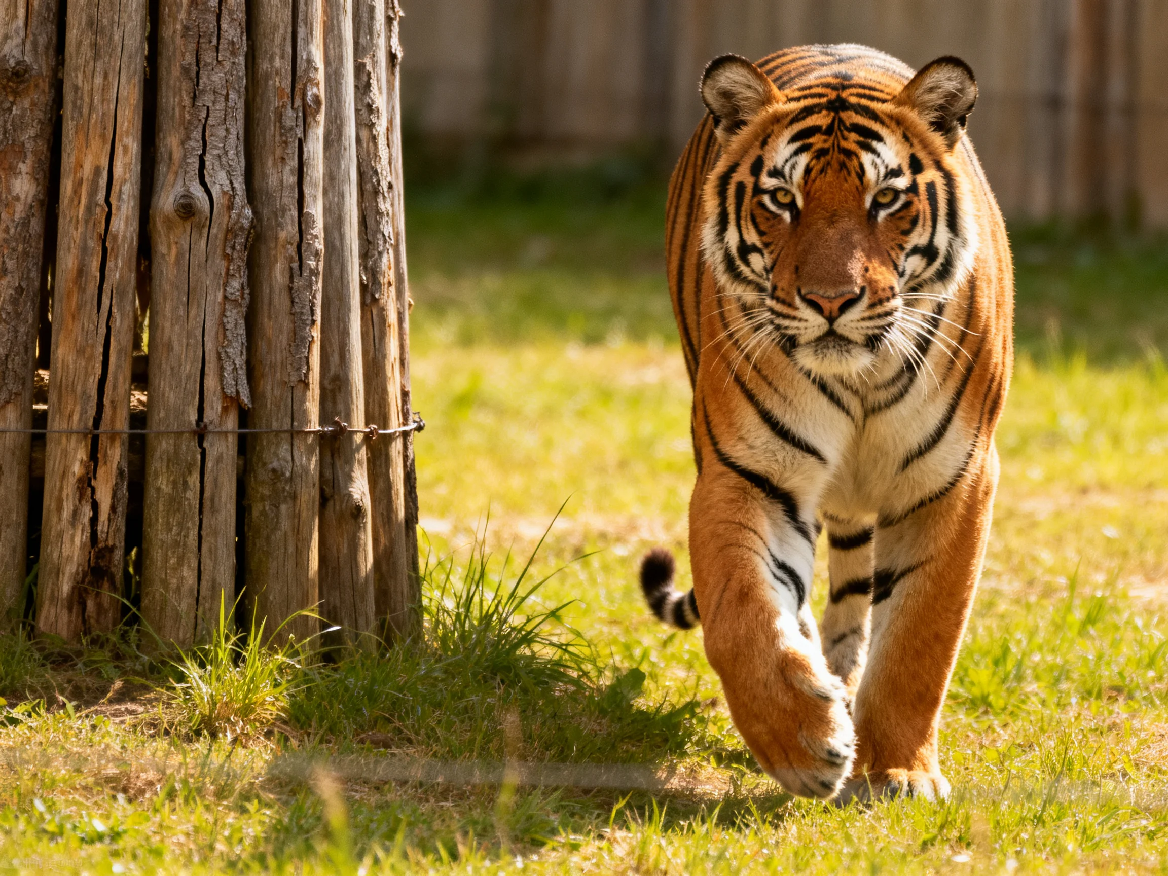 An orange tiger walks toward the viewer near wooden posts in a grassy area.
