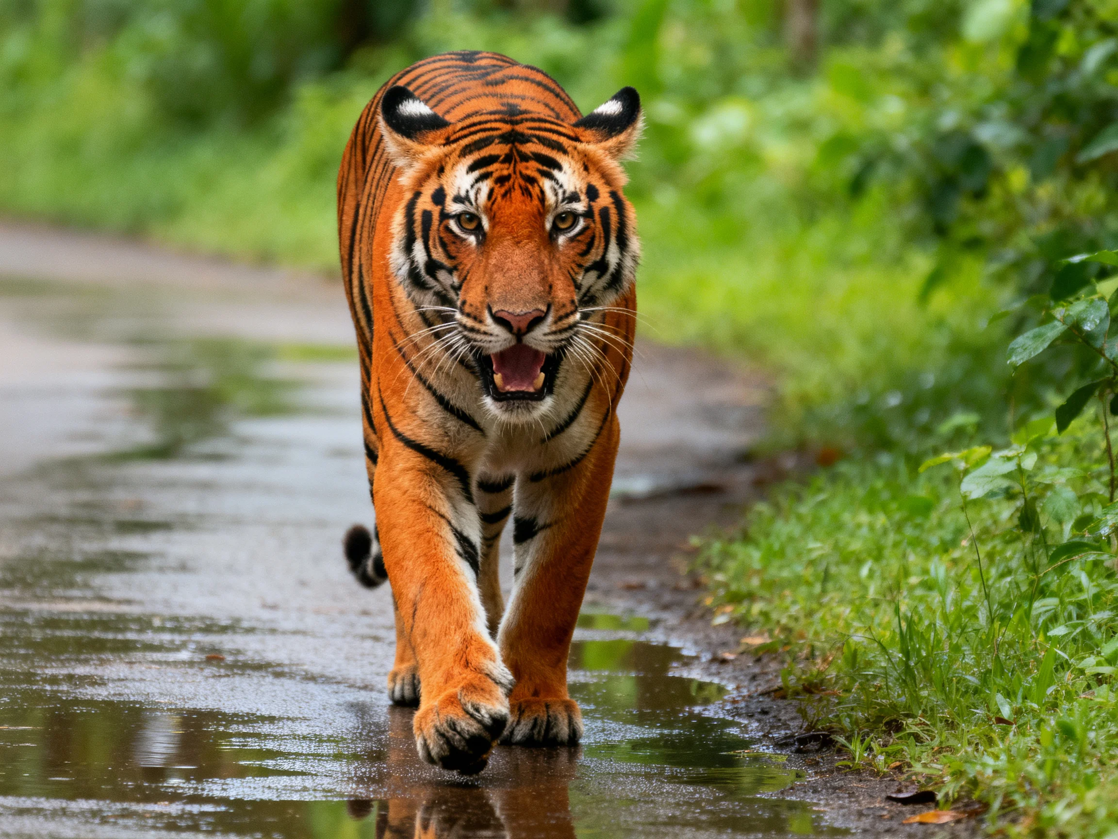 An orange tiger walks on a wet forest path.