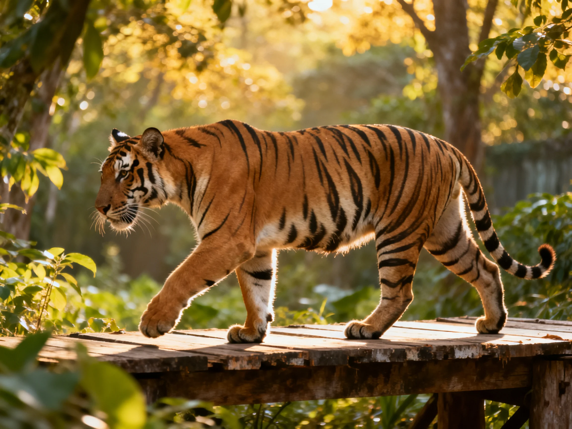 An orange tiger walks on a wooden bridge in a sunlit forest