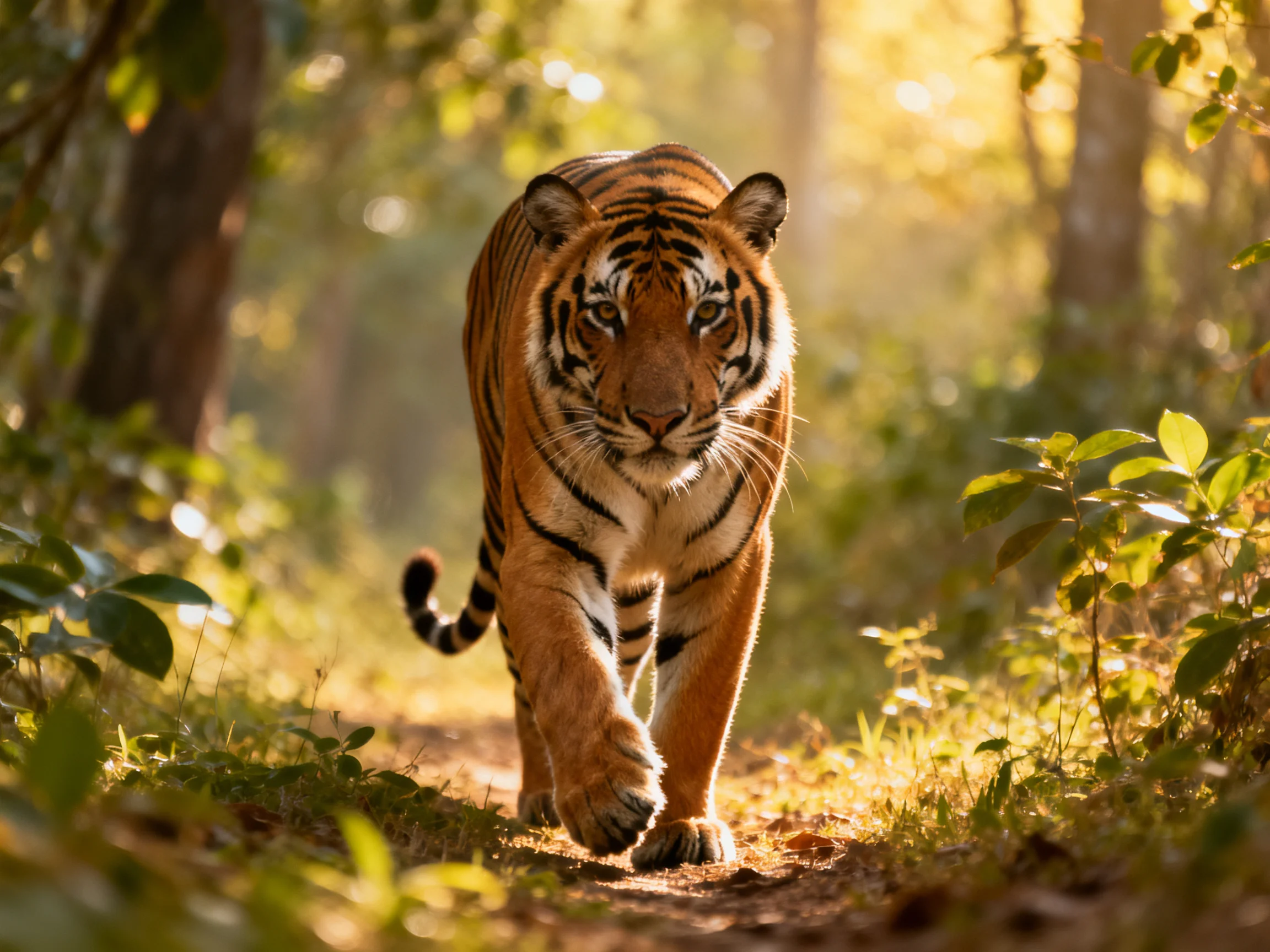 An orange tiger moves along a sunlit forest path.