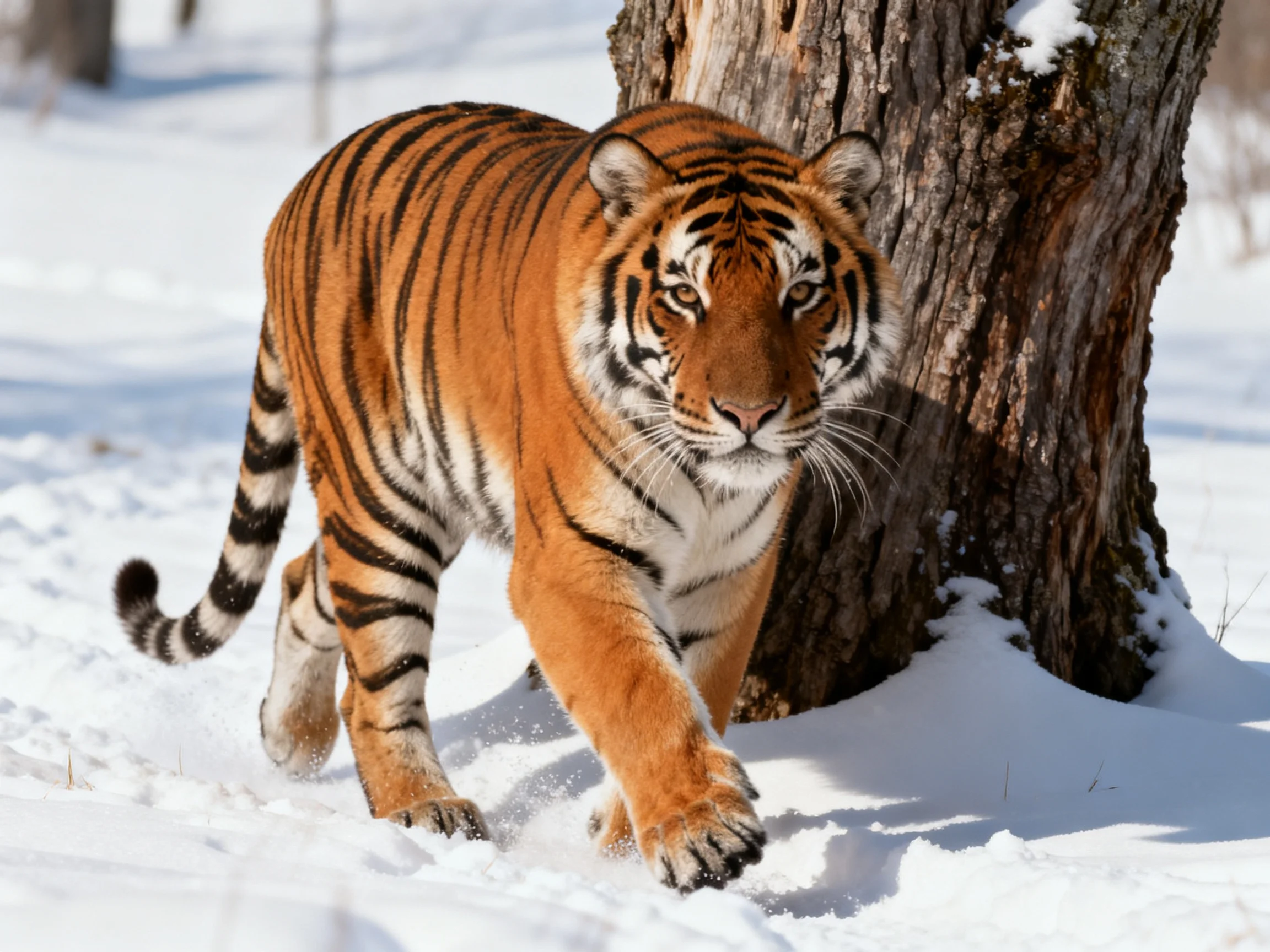 An orange tiger moves through snow near a large tree.