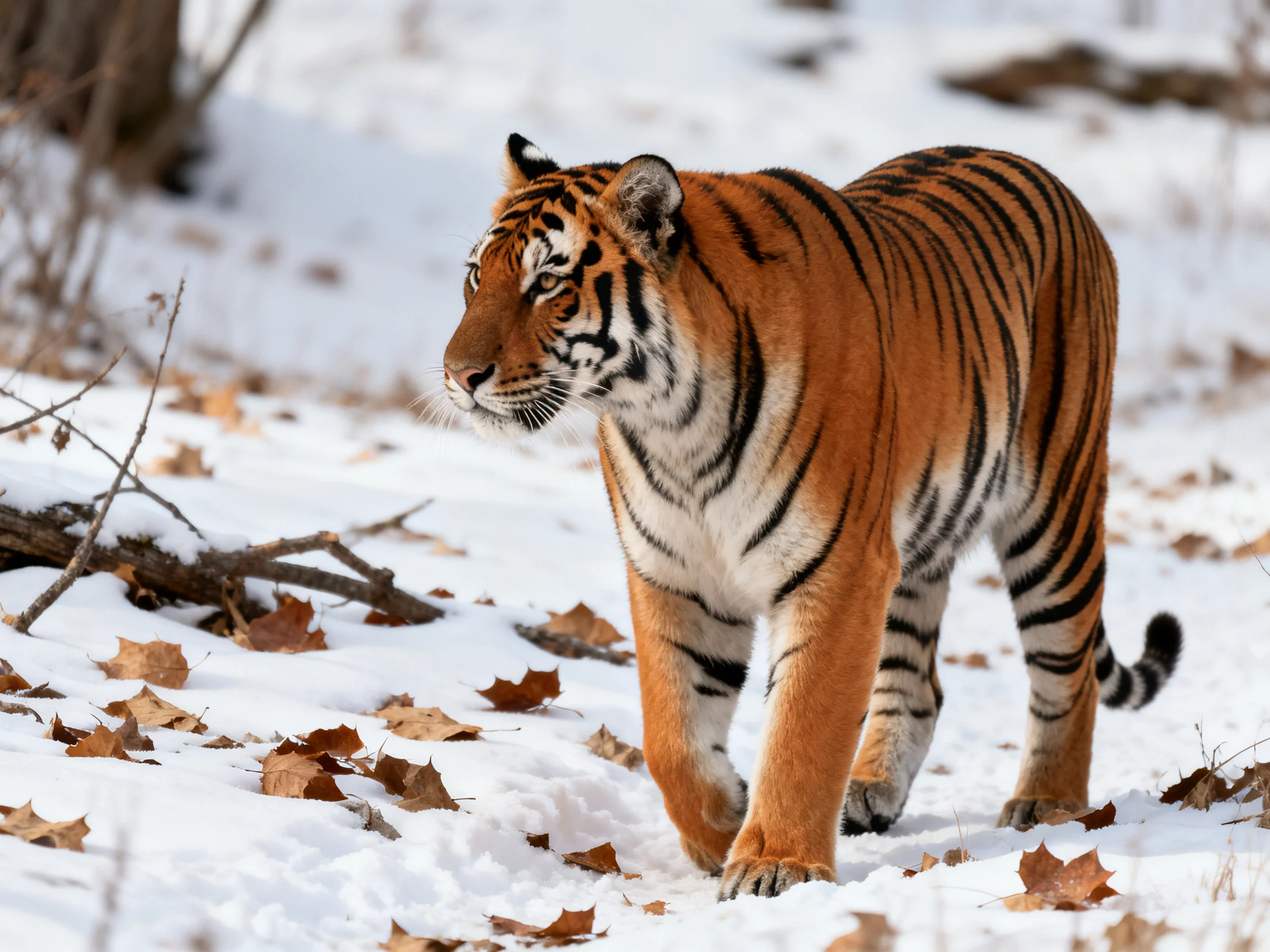 A tiger navigates a snowy area dotted with fallen leaves