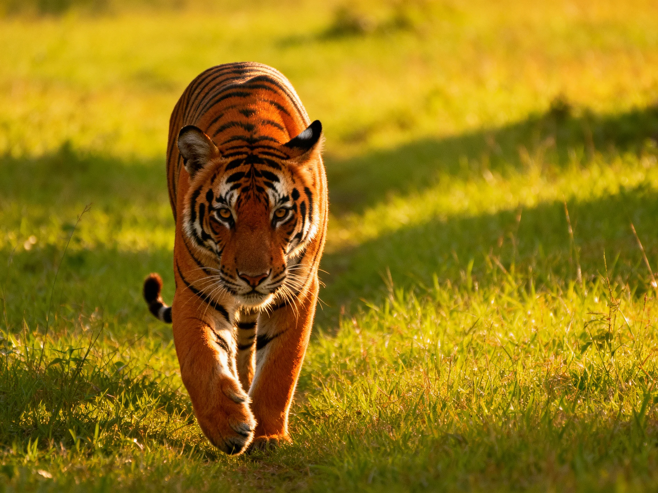 An orange tiger with black stripes moves through sunlit green grass.