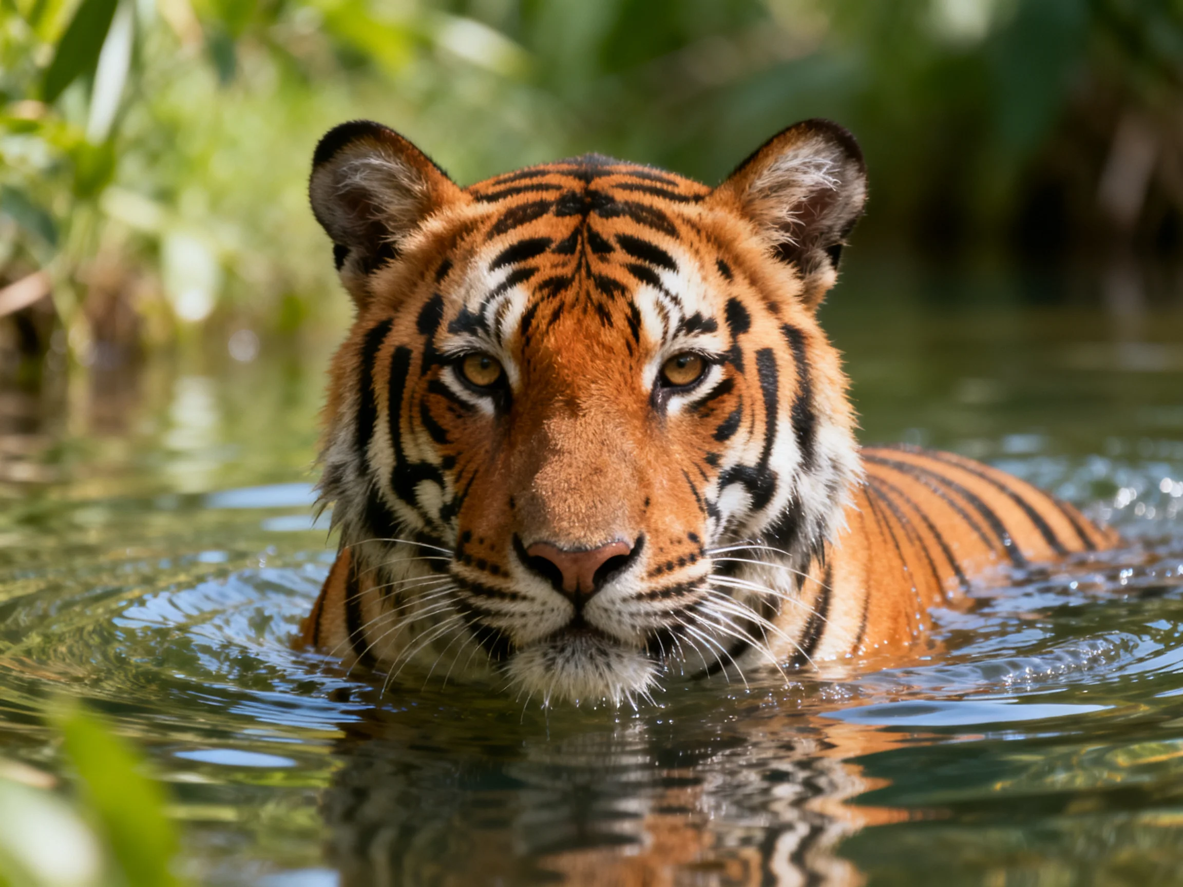 An orange tiger with black stripes swims in calm water near greenery.