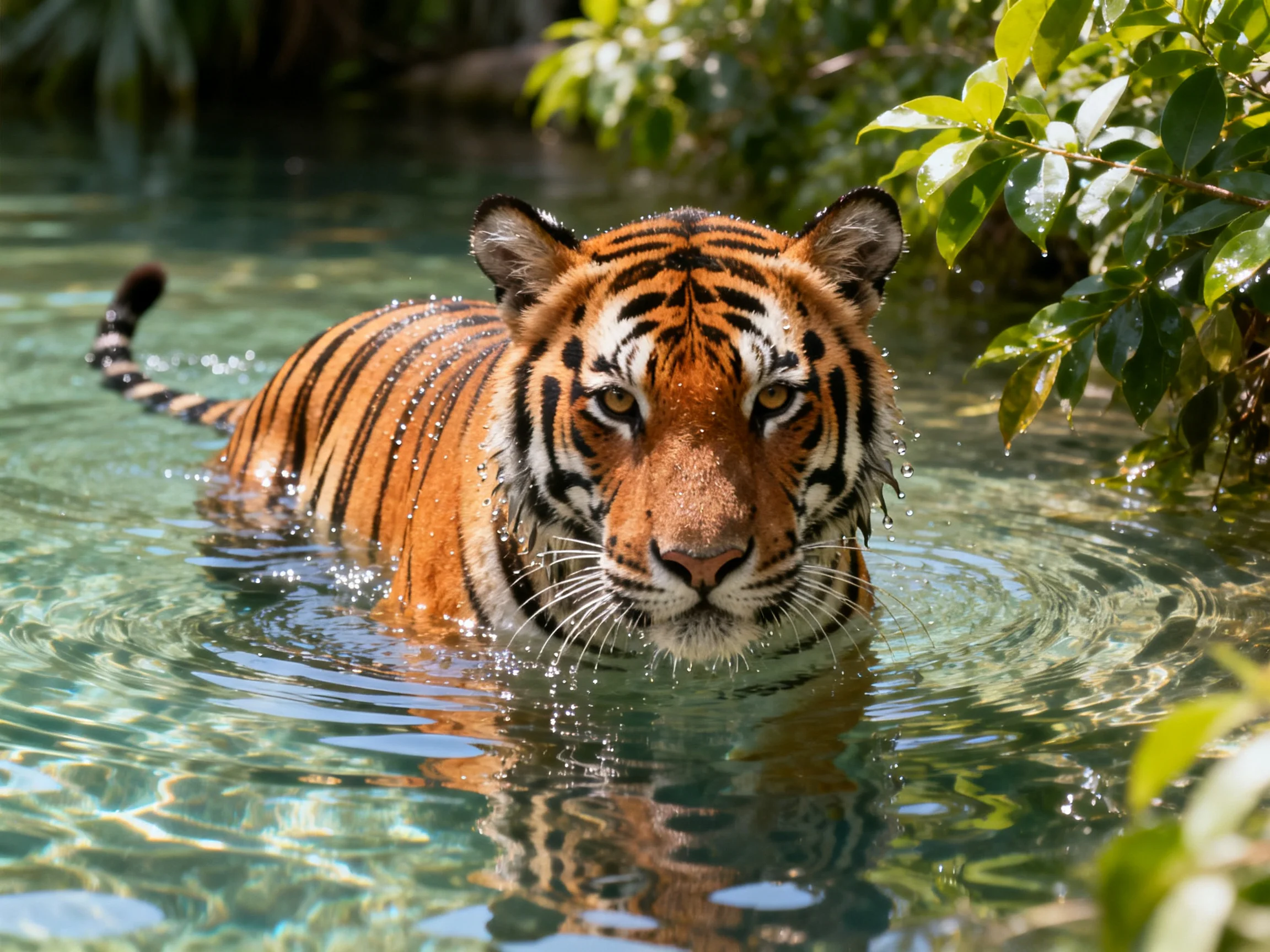 A tiger swims in clear water near greenery.
