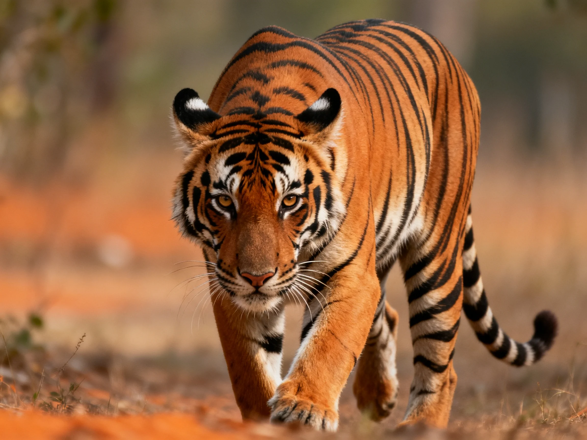 A vibrant orange tiger with bold black stripes moves through a forest clearing.